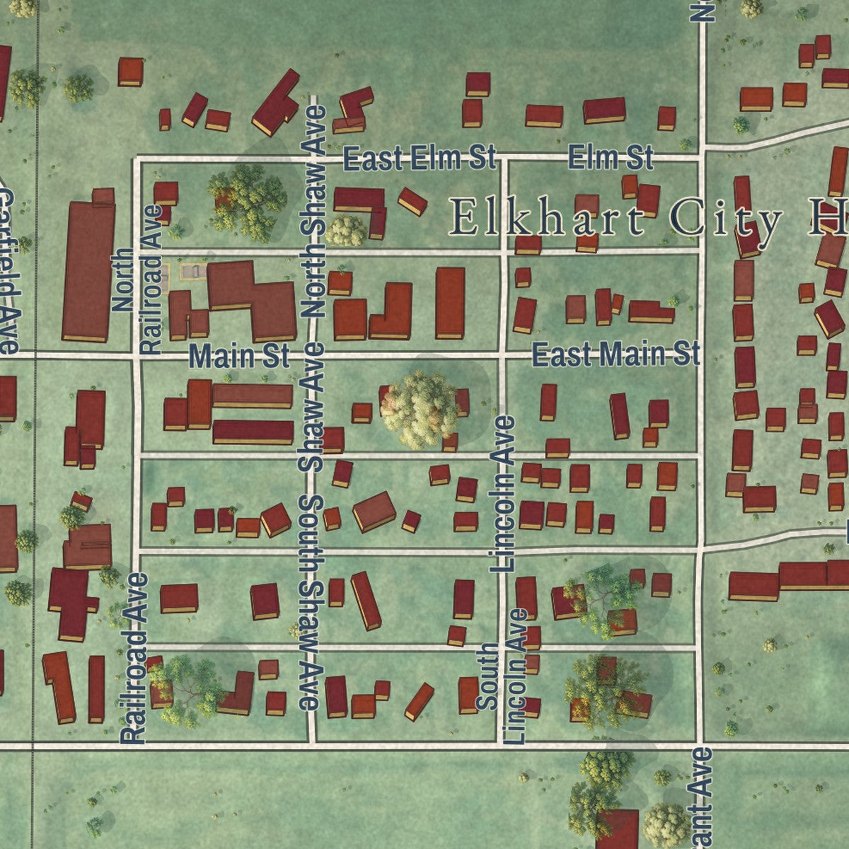 Close-up of the map of Elkhart, Iowa print showing street and building detail
