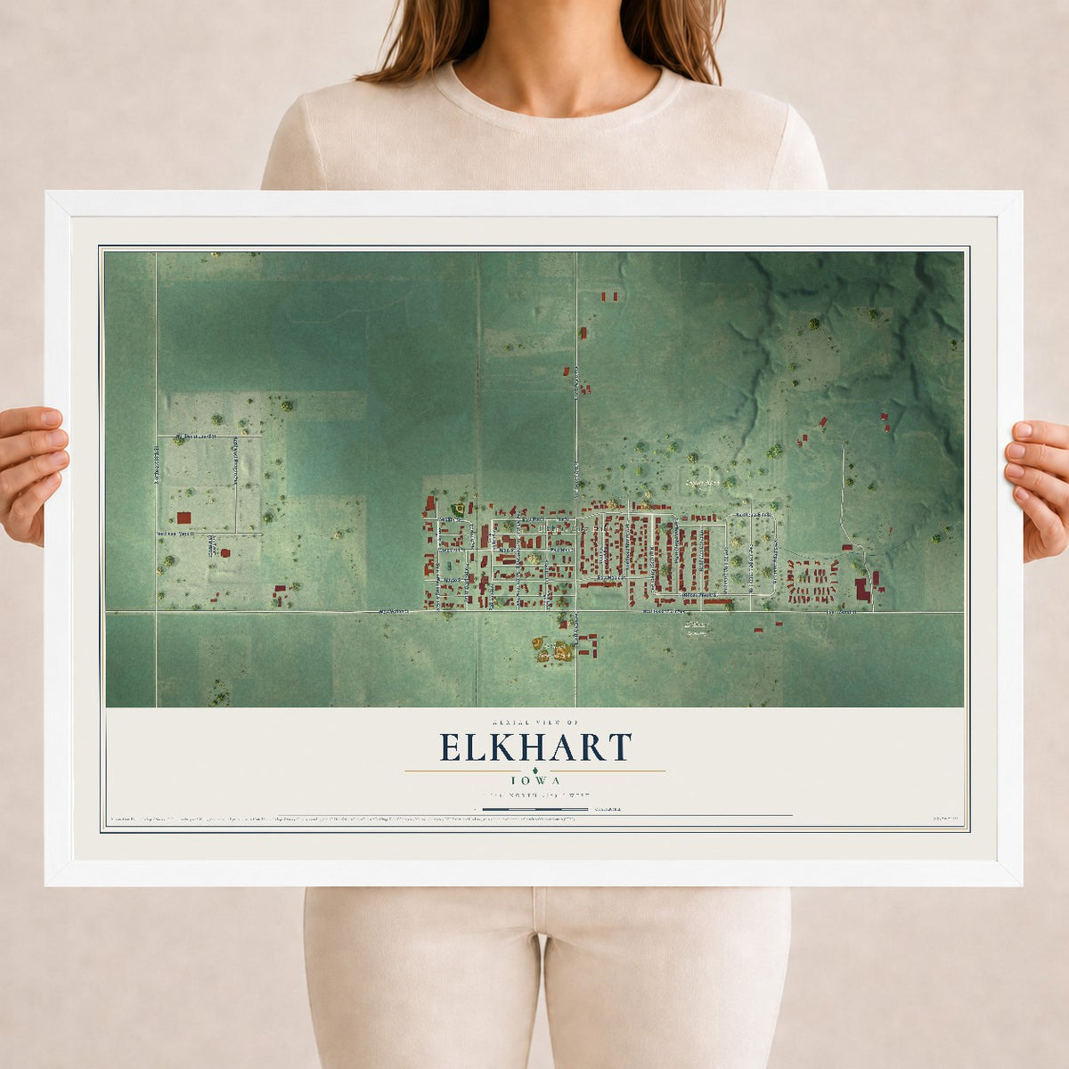 Map of Elkhart, Iowa, 18 x 24 inch print in a white wood frame