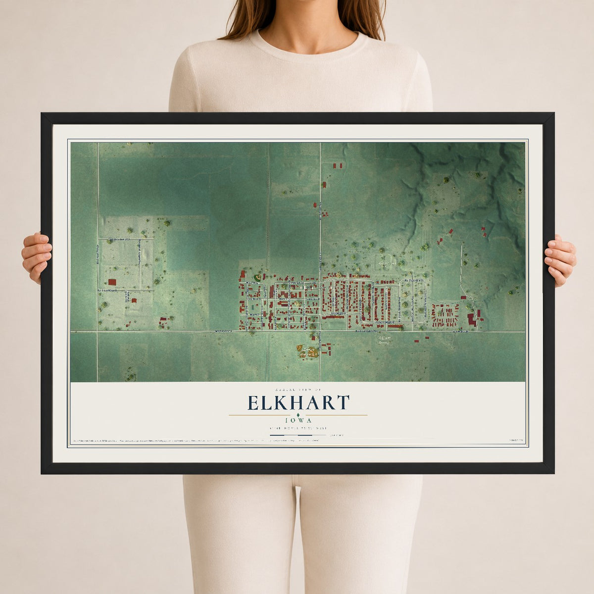Map of Elkhart, Iowa, 24 x 36 inch print in a black wood frame
