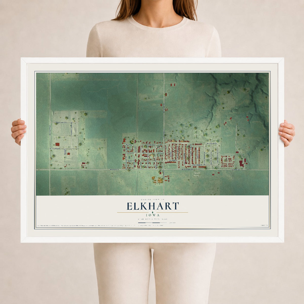 Map of Elkhart, Iowa, 24 x 36 inch print in a white wood frame