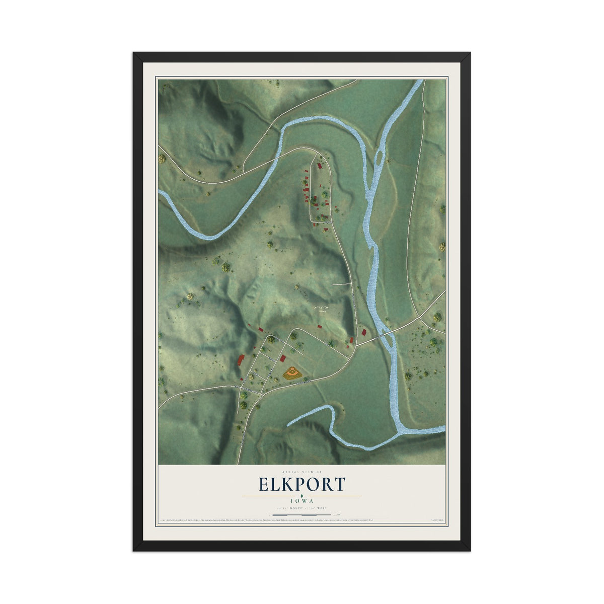 Map of Elkport, Iowa, 12 x 18 inch print in a black wood frame