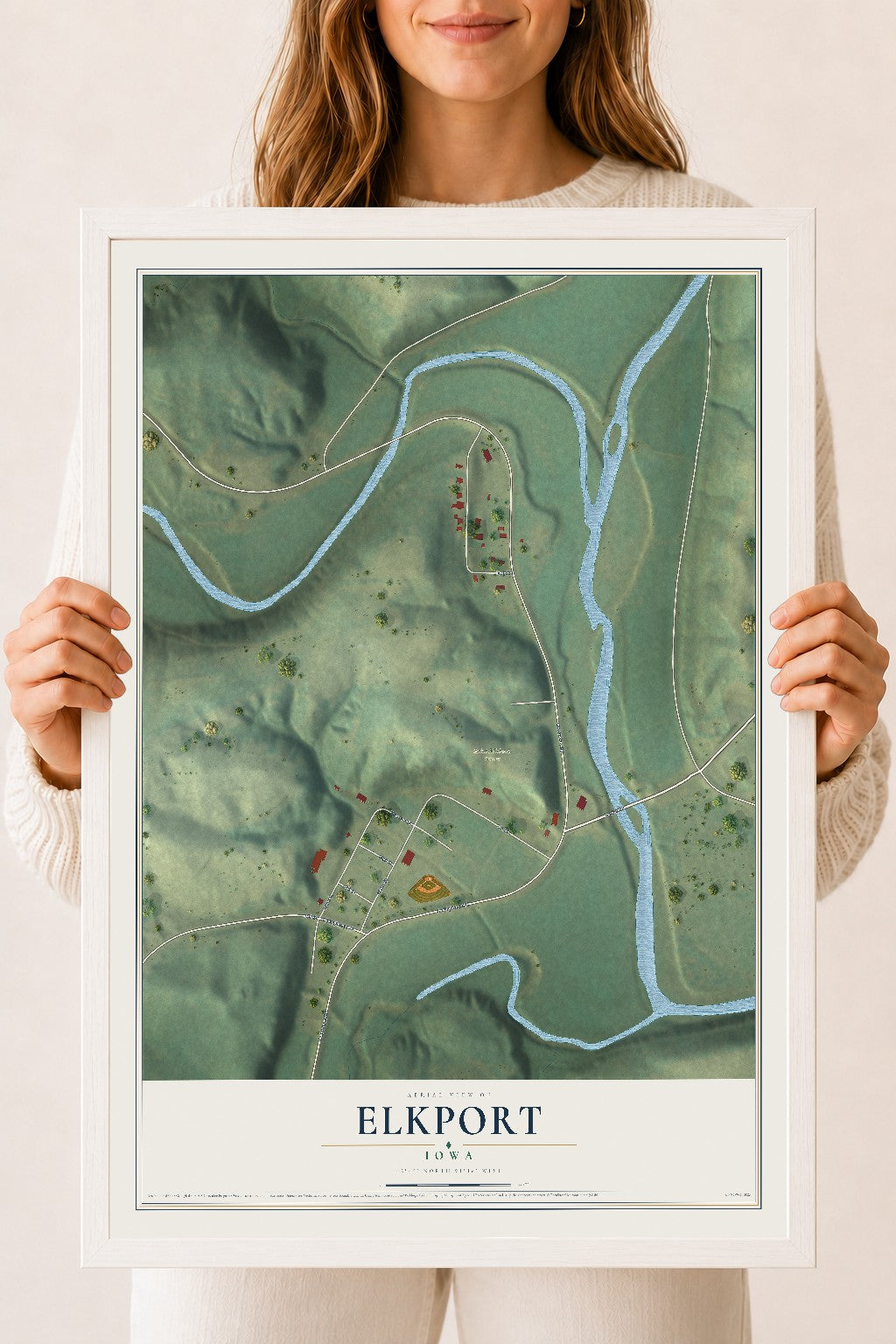 Map of Elkport, Iowa, 18 x 24 inch print in a white wood frame