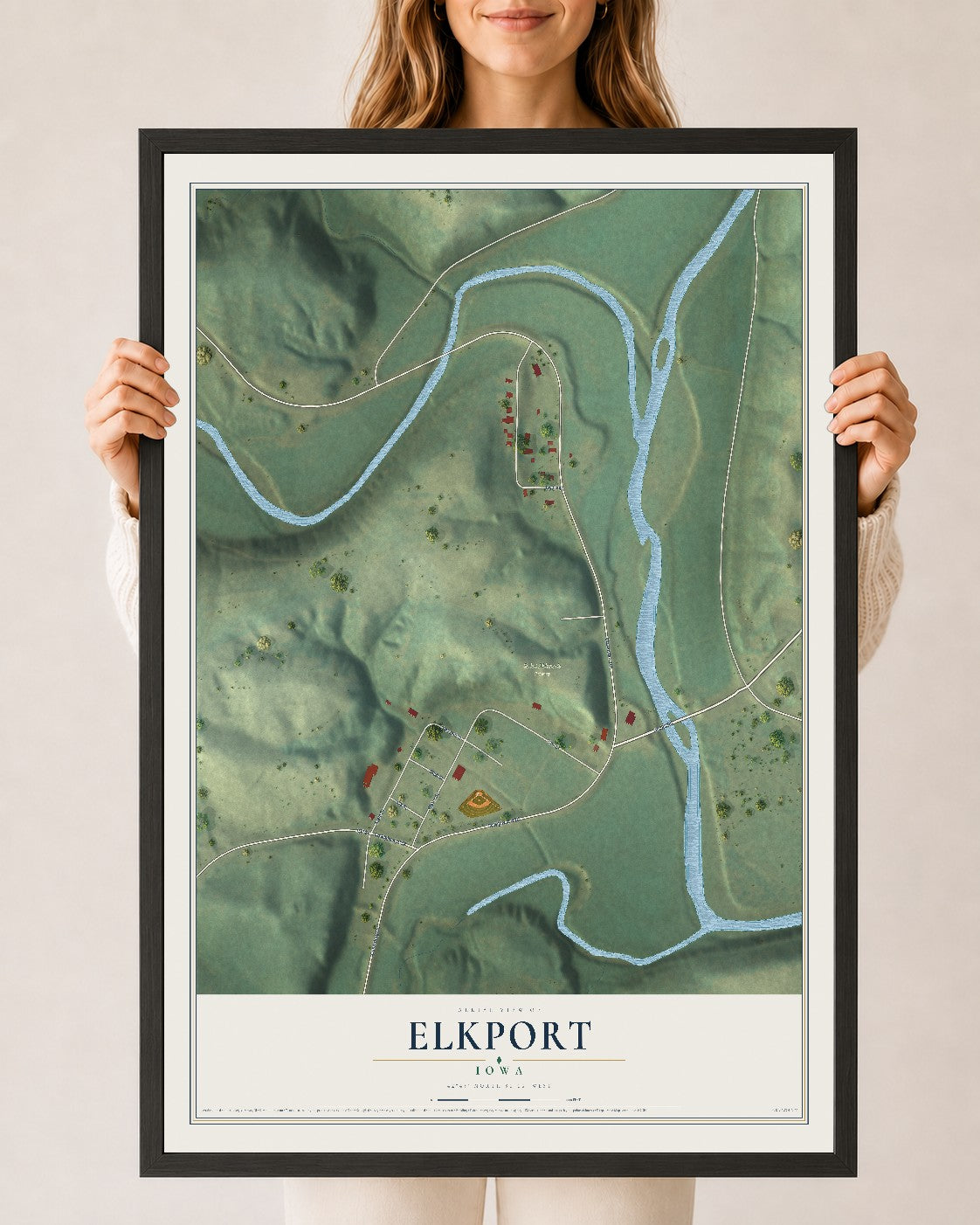 Map of Elkport, Iowa, 24 x 36 inch print in a black wood frame