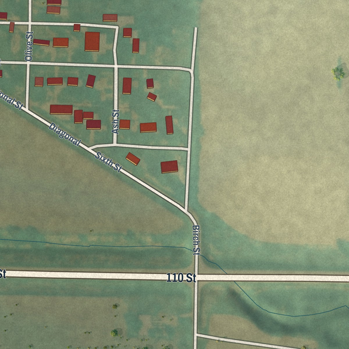 Second close-up of the map of Elliott, Iowa print showing more streets and buildings