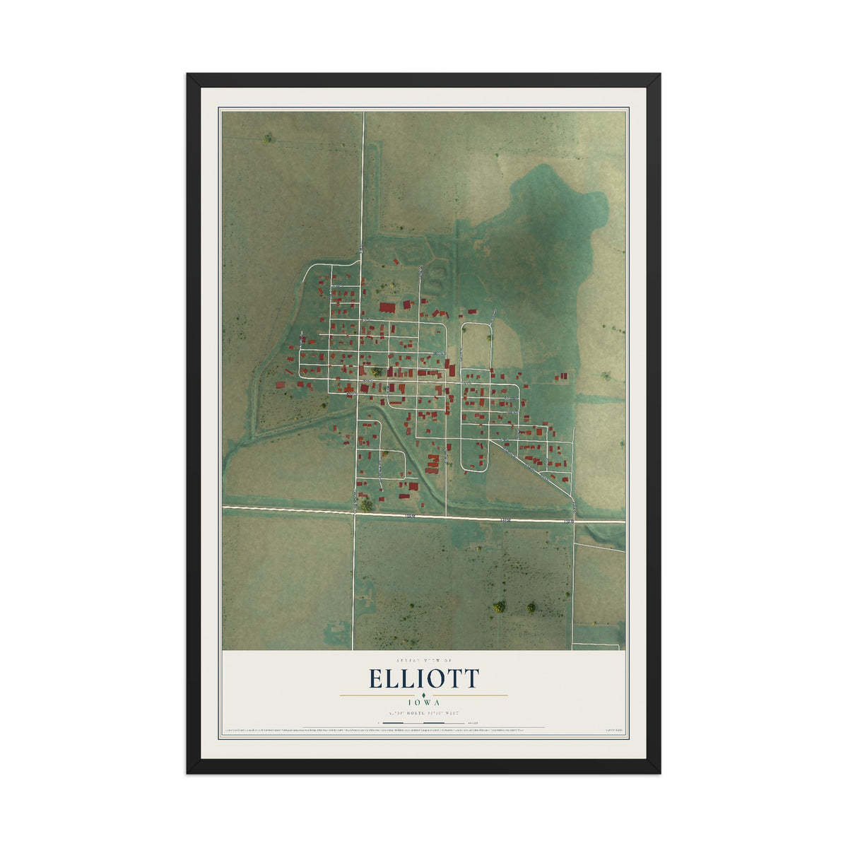 Map of Elliott, Iowa, 12 x 18 inch print in a black wood frame