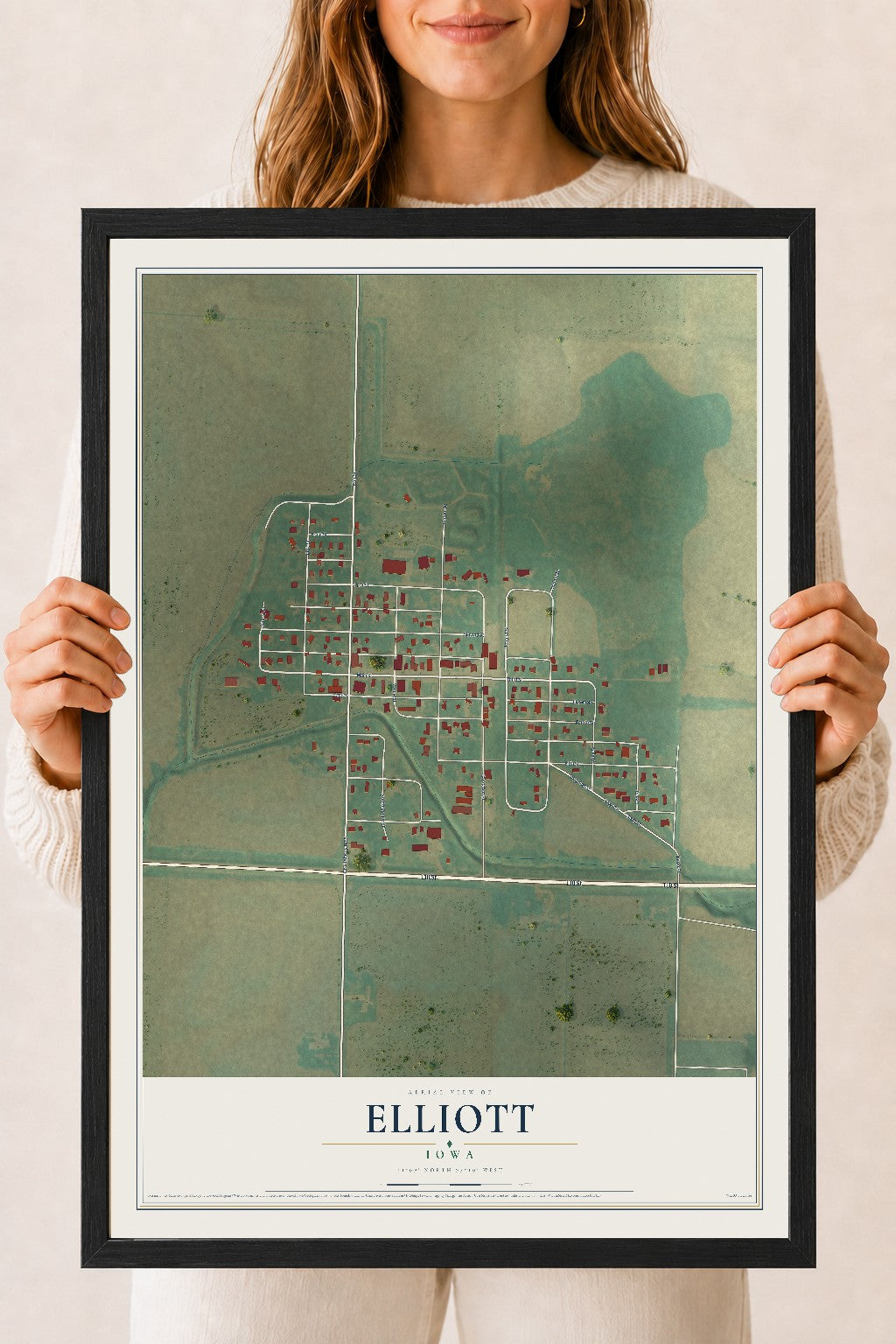 Map of Elliott, Iowa, 18 x 24 inch print in a black wood frame