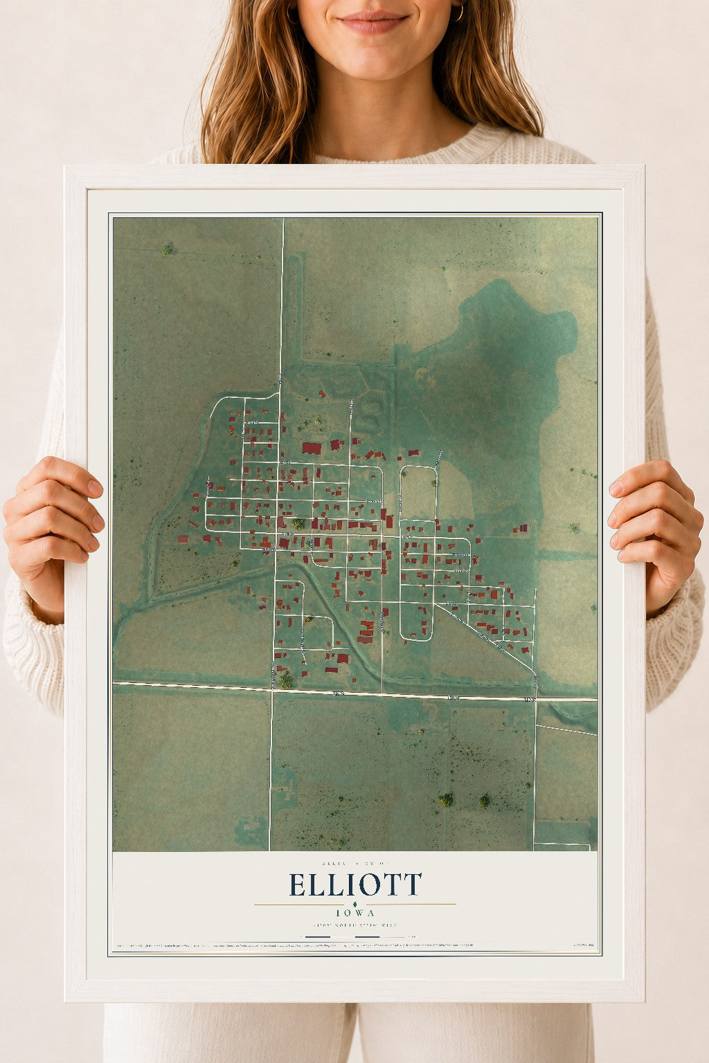 Map of Elliott, Iowa, 18 x 24 inch print in a white wood frame