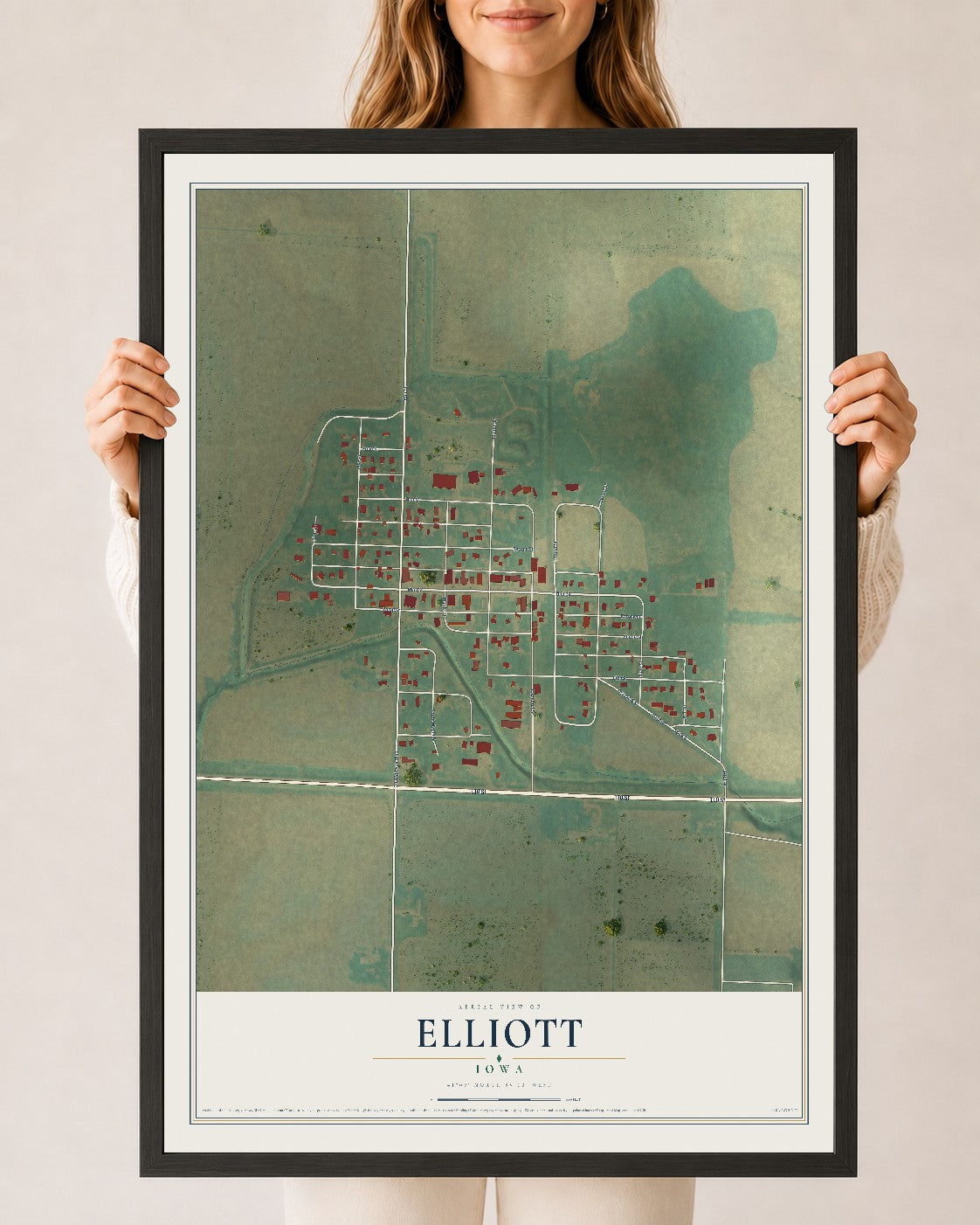 Map of Elliott, Iowa, 24 x 36 inch print in a black wood frame