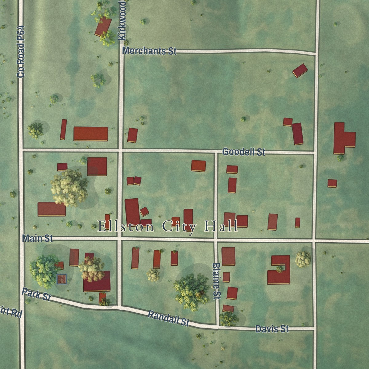 Close-up of the map of Ellston, Iowa print showing street and building detail