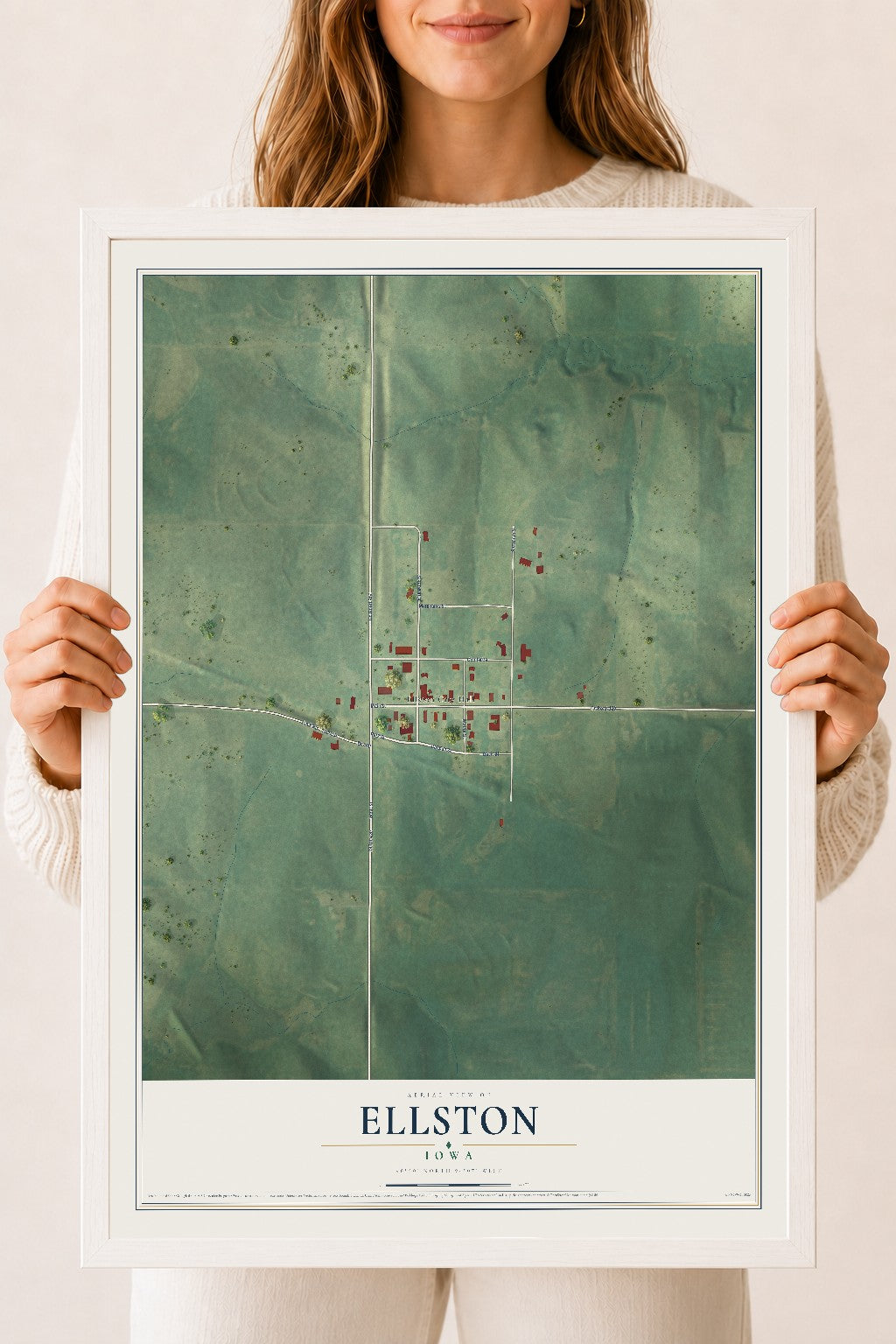 Map of Ellston, Iowa, 18 x 24 inch print in a white wood frame