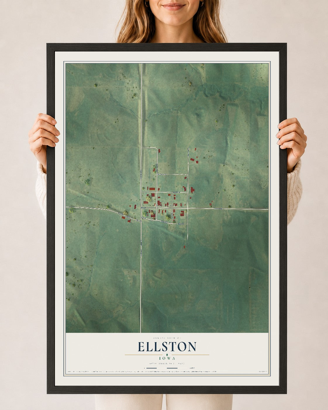 Map of Ellston, Iowa, 24 x 36 inch print in a black wood frame