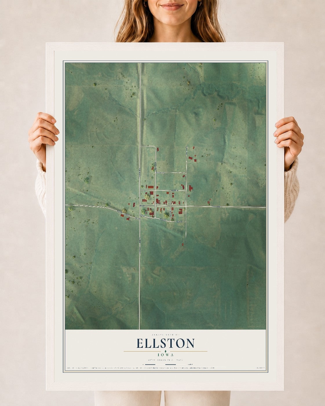Map of Ellston, Iowa, 24 x 36 inch print in a white wood frame