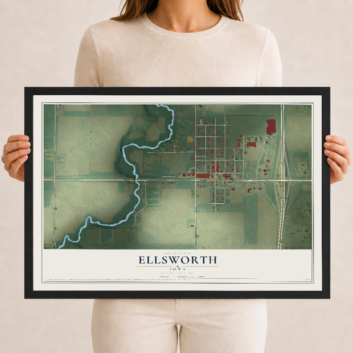Map of Ellsworth, Iowa, 12 x 18 inch print in a black wood frame