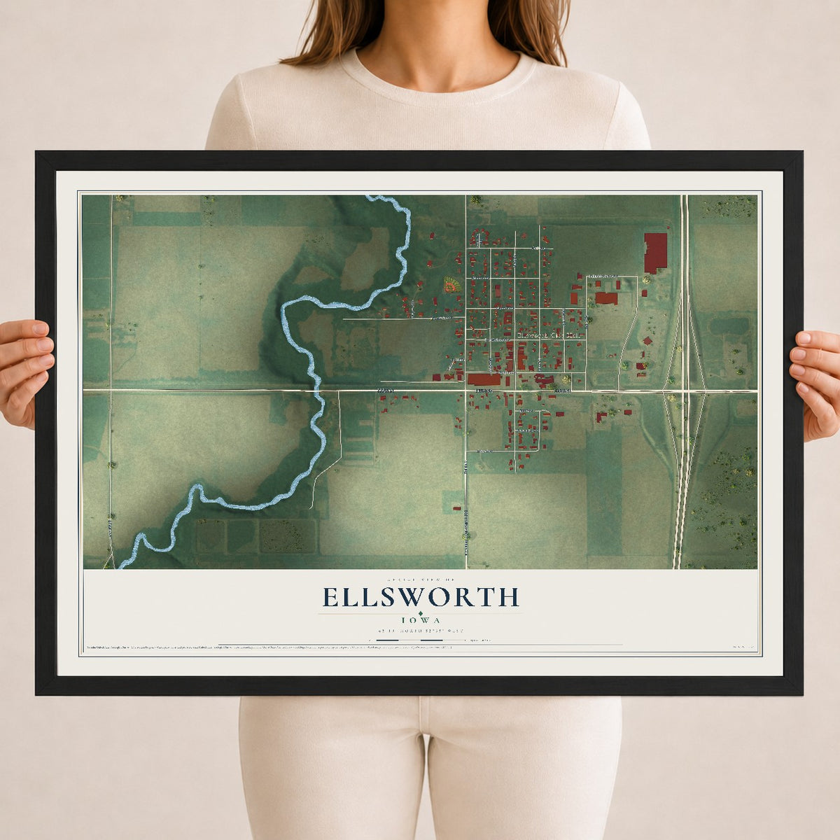 Map of Ellsworth, Iowa, 18 x 24 inch print in a black wood frame