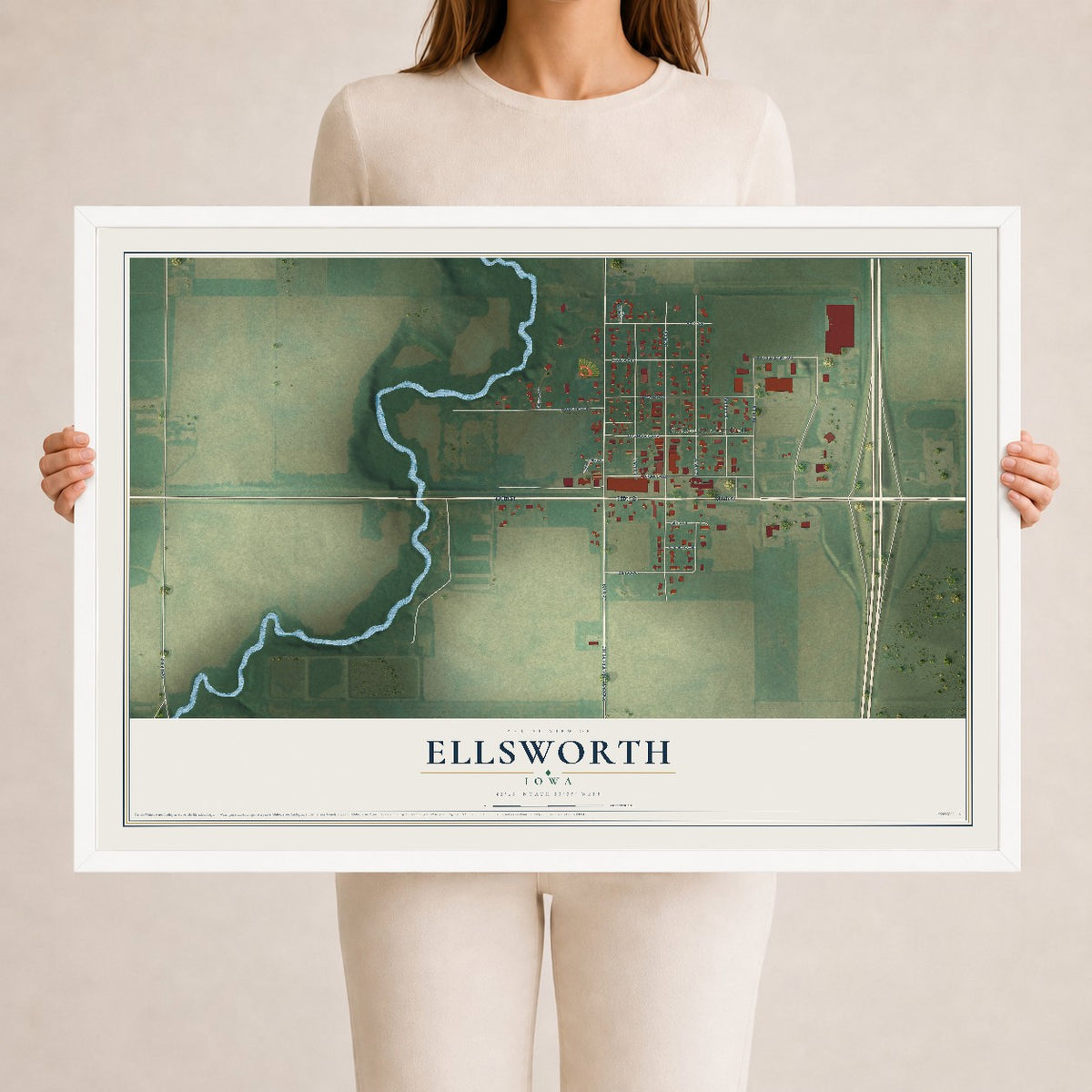 Map of Ellsworth, Iowa, 24 x 36 inch print in a white wood frame