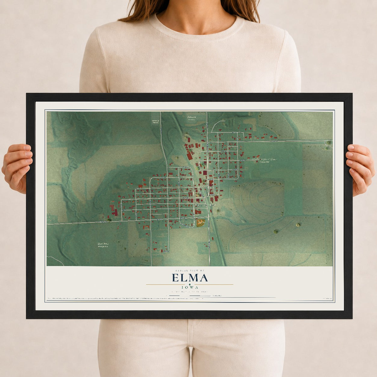 Map of Elma, Iowa, 12 x 18 inch print in a black wood frame