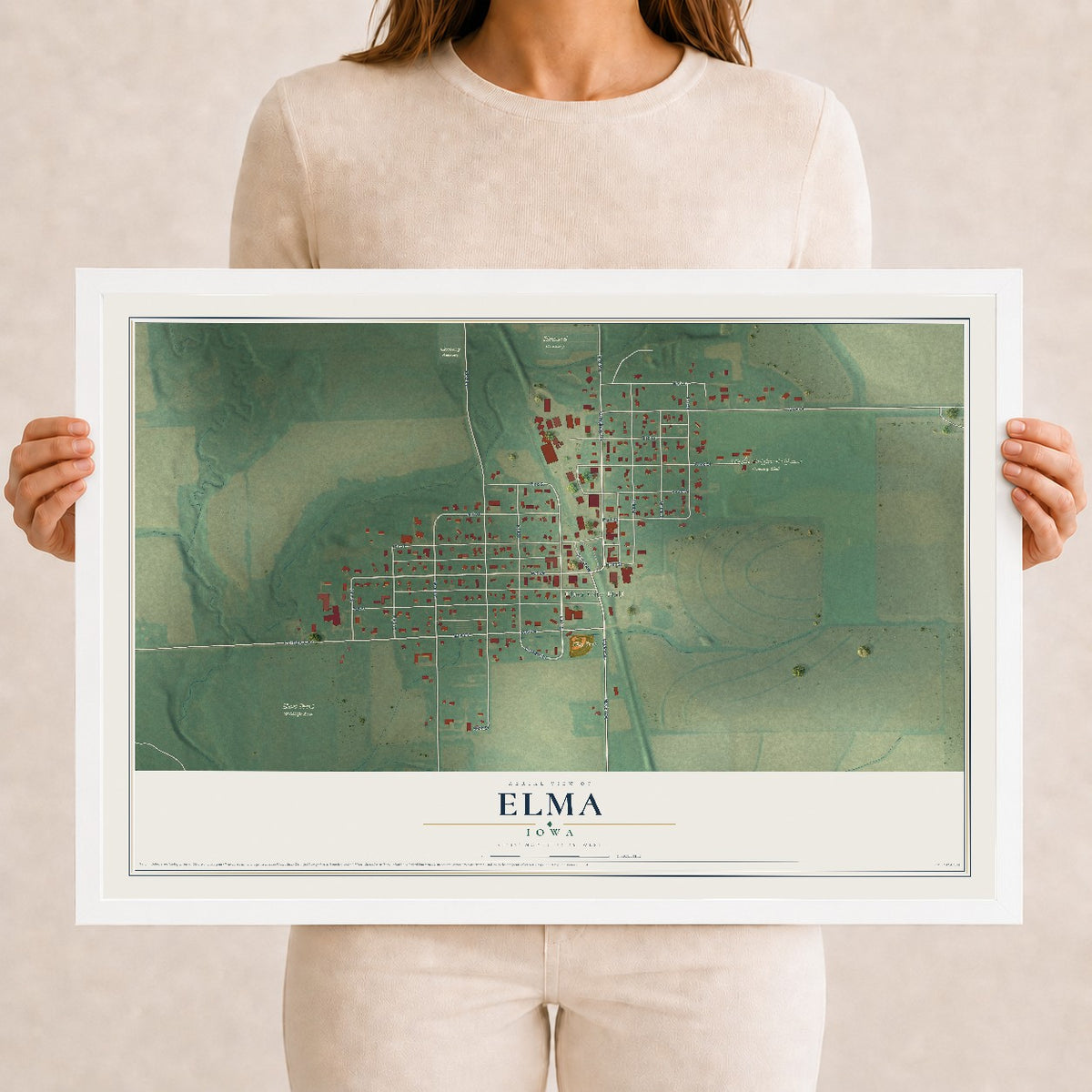 Map of Elma, Iowa, 12 x 18 inch print in a white wood frame