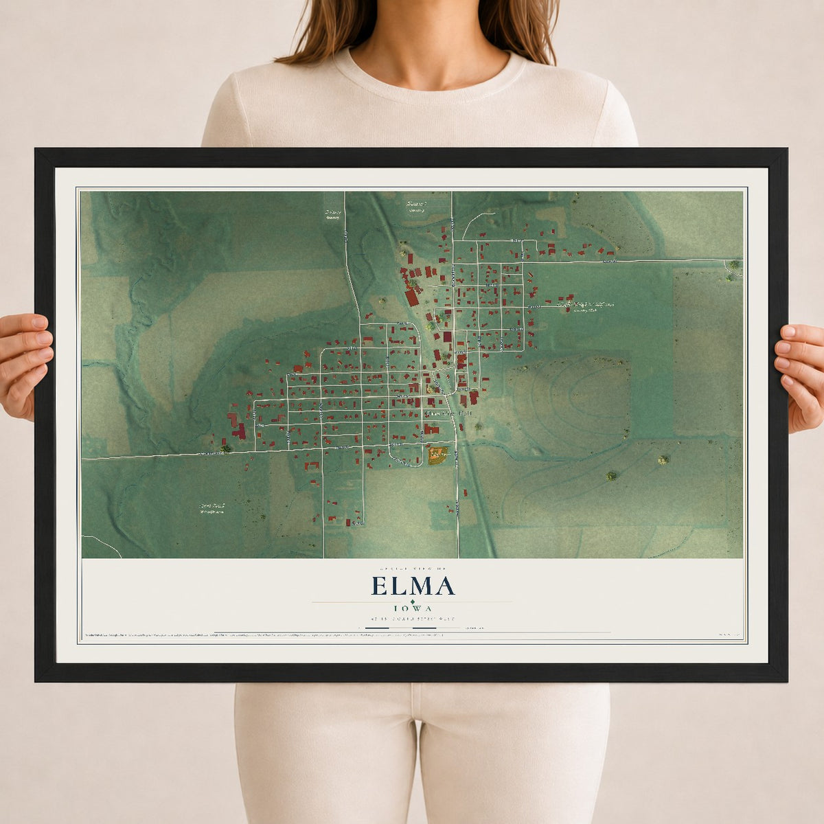 Map of Elma, Iowa, 18 x 24 inch print in a black wood frame