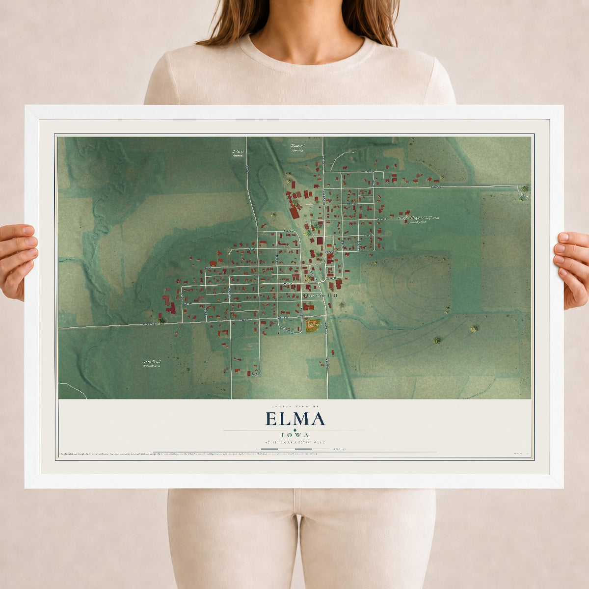 Map of Elma, Iowa, 18 x 24 inch print in a white wood frame