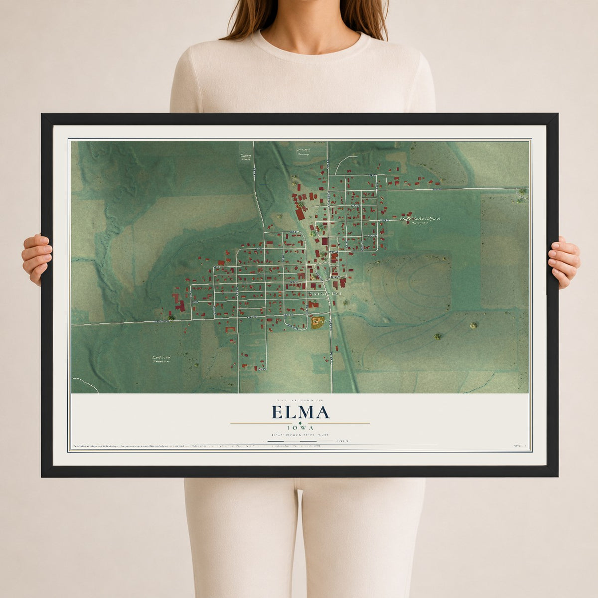 Map of Elma, Iowa, 24 x 36 inch print in a black wood frame