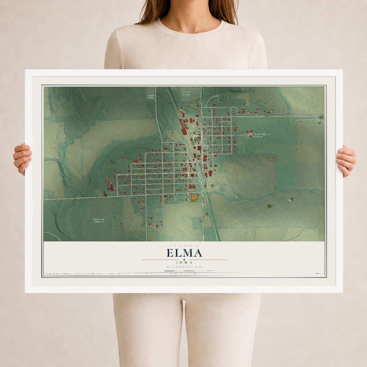 Map of Elma, Iowa, 24 x 36 inch print in a white wood frame
