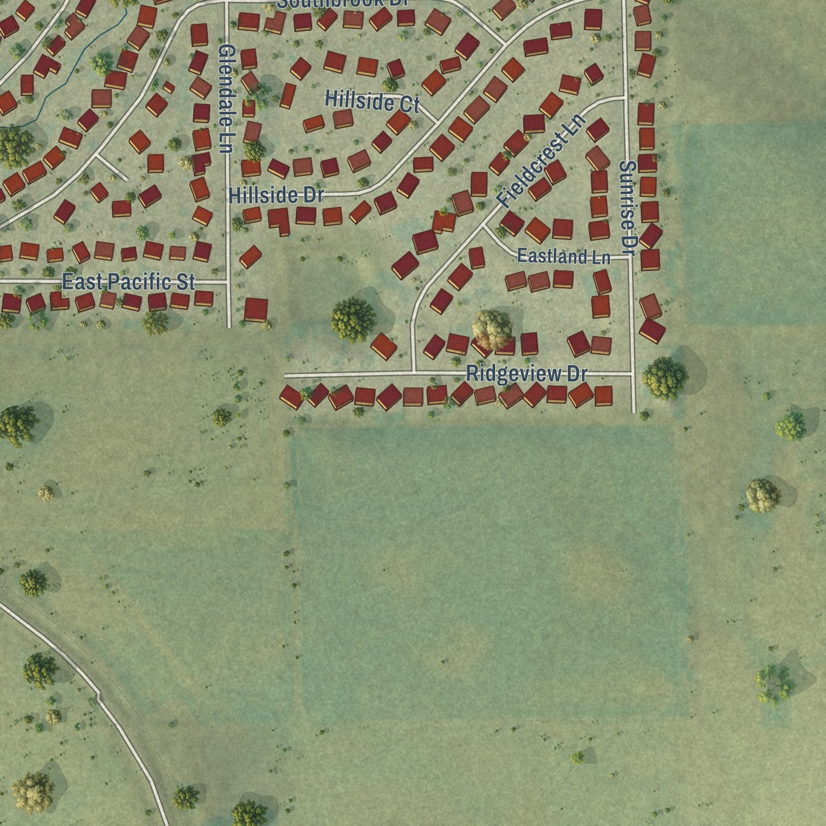 Second close-up of the map of Ely, Iowa print showing more streets and buildings