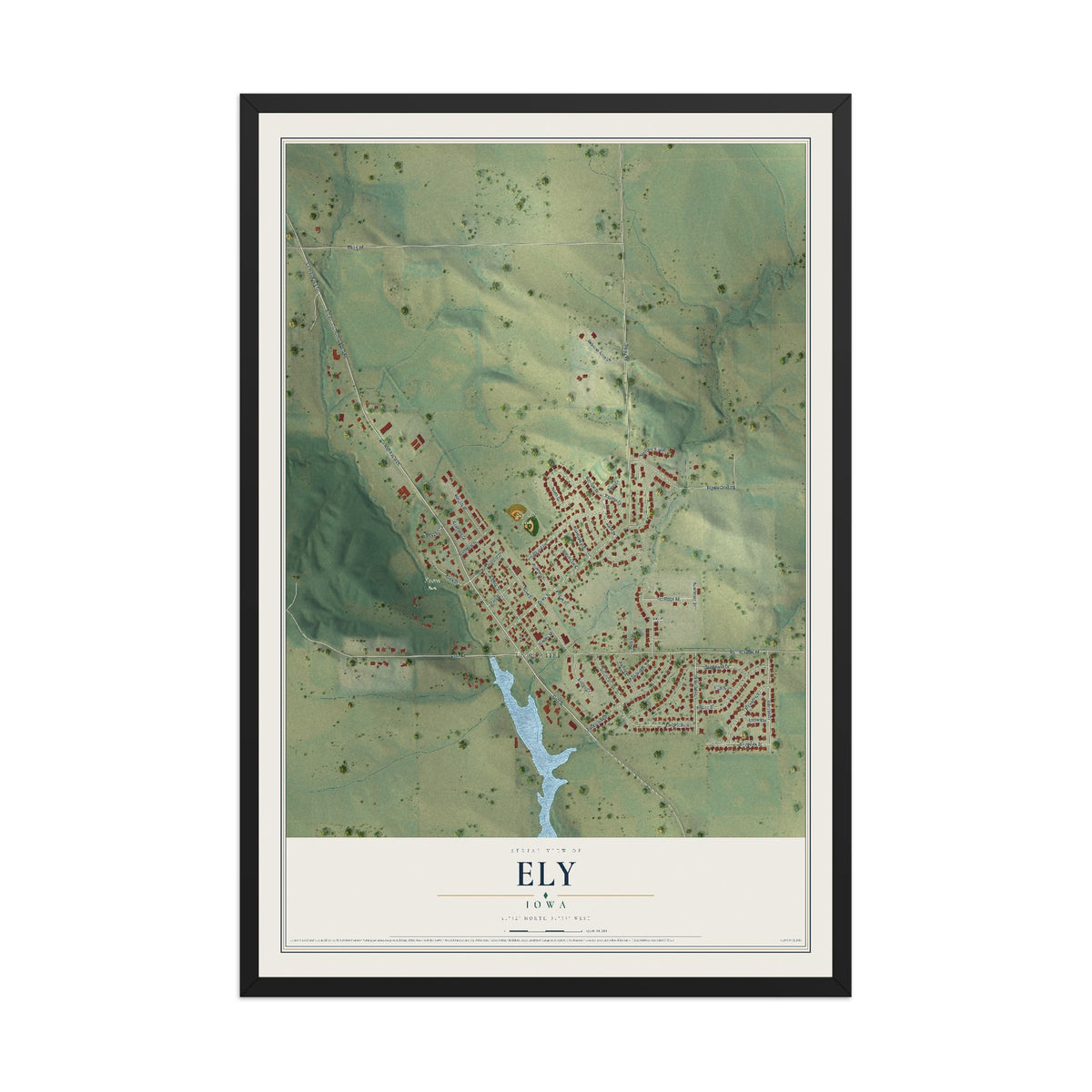 Map of Ely, Iowa, 12 x 18 inch print in a black wood frame