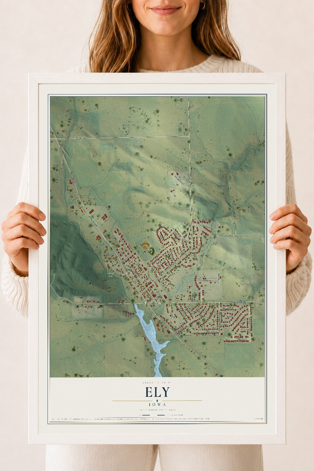 Map of Ely, Iowa, 18 x 24 inch print in a white wood frame