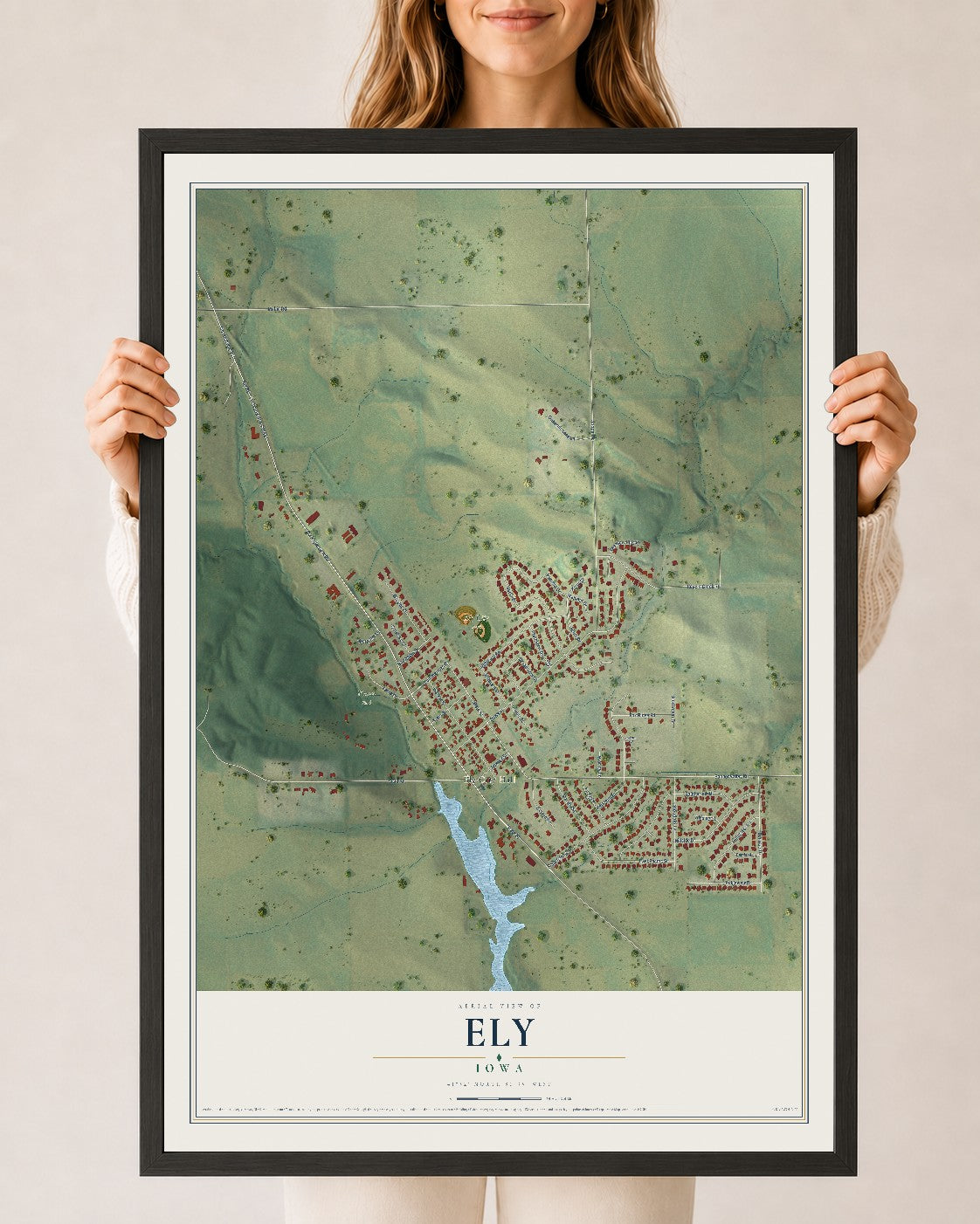 Map of Ely, Iowa, 24 x 36 inch print in a black wood frame