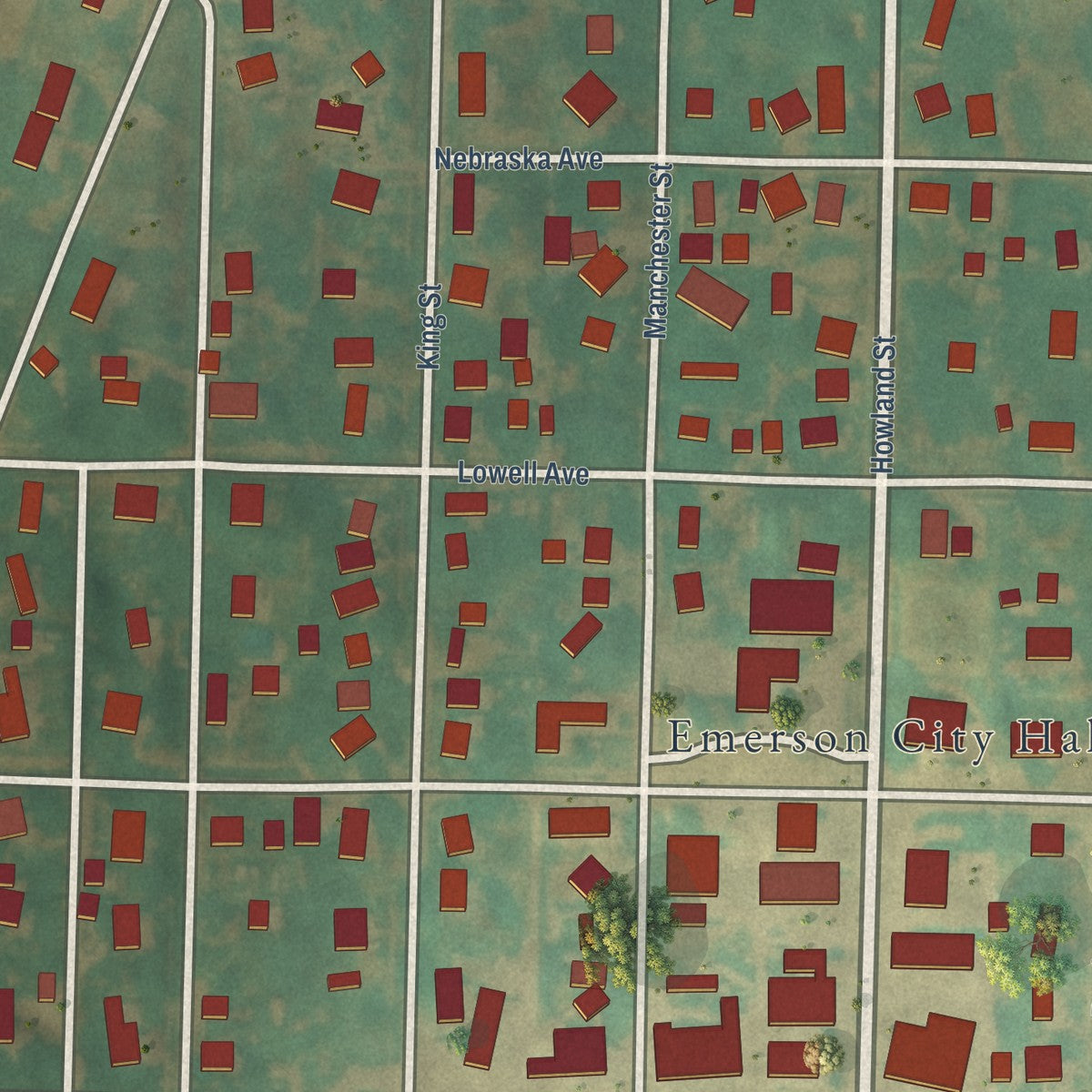 Close-up of the map of Emerson, Iowa print showing street and building detail
