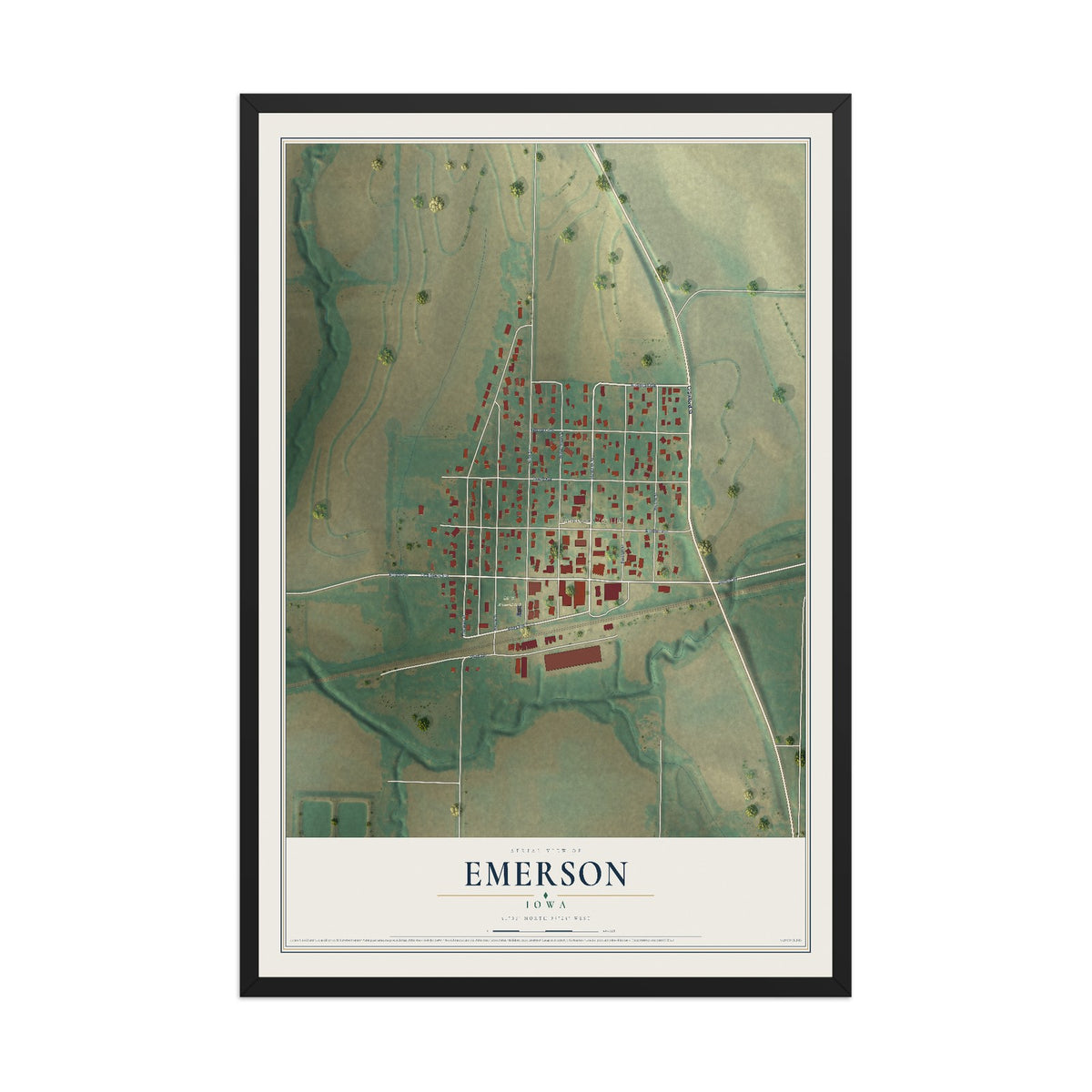 Map of Emerson, Iowa, 12 x 18 inch print in a black wood frame