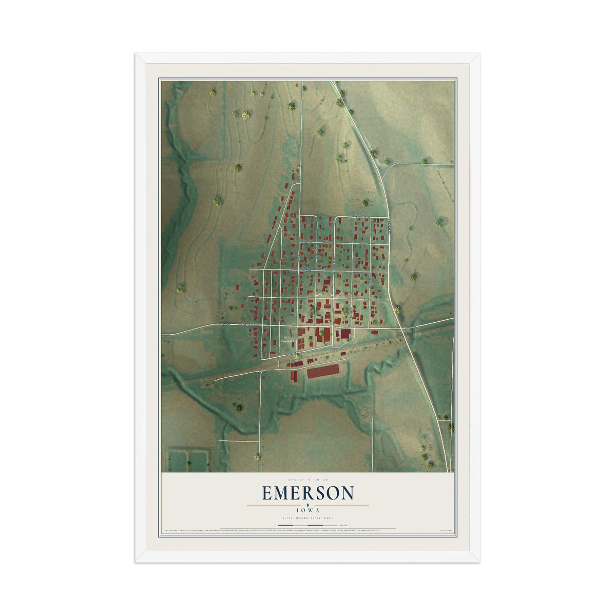Map of Emerson, Iowa, 12 x 18 inch print in a white wood frame