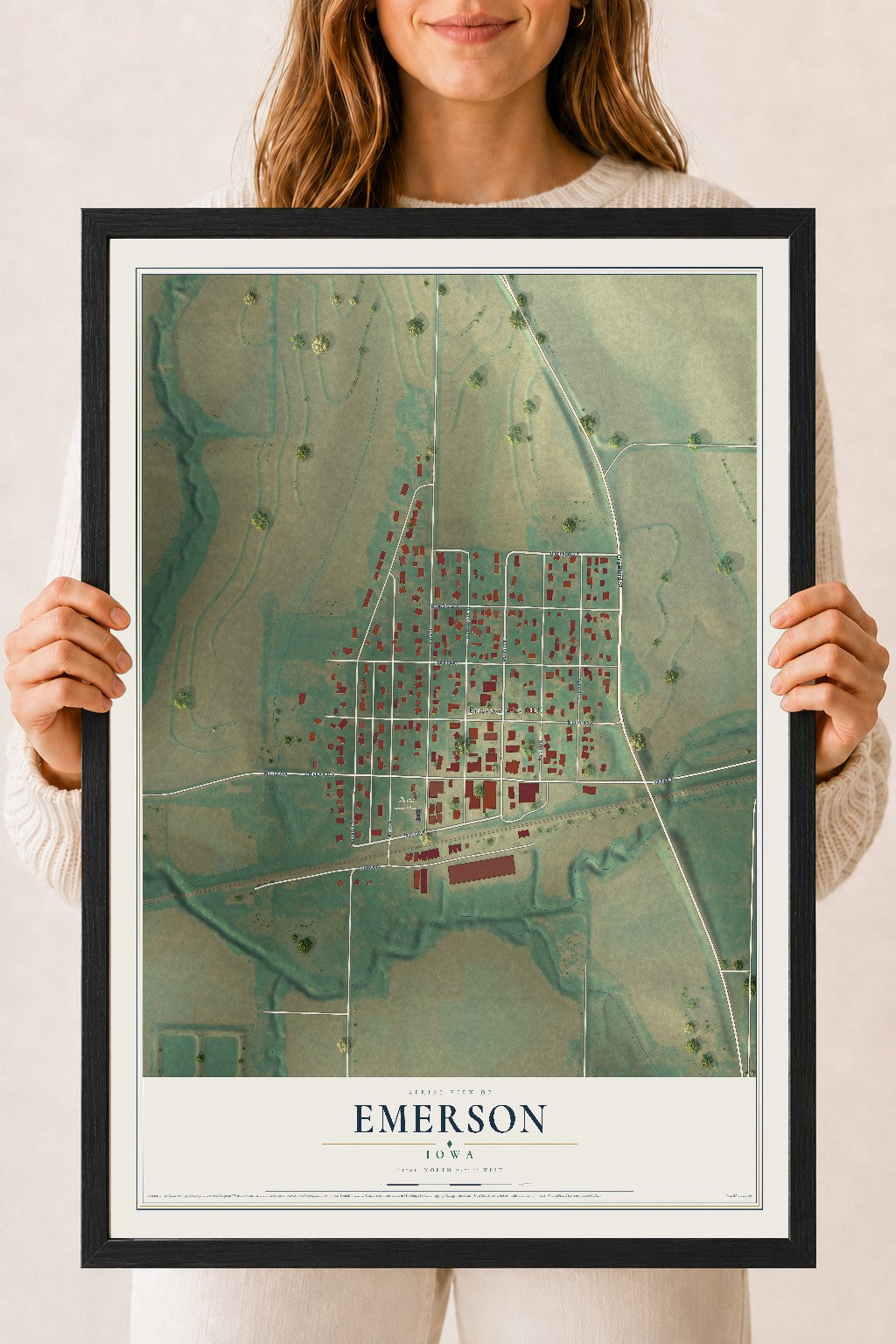 Map of Emerson, Iowa, 18 x 24 inch print in a black wood frame