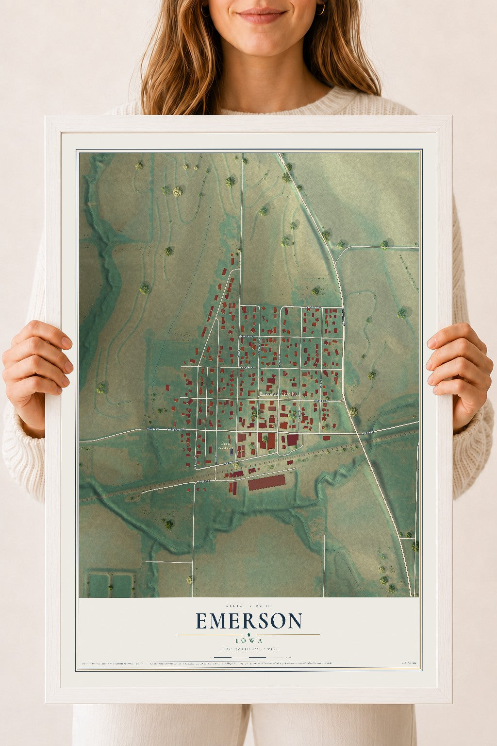 Map of Emerson, Iowa, 18 x 24 inch print in a white wood frame