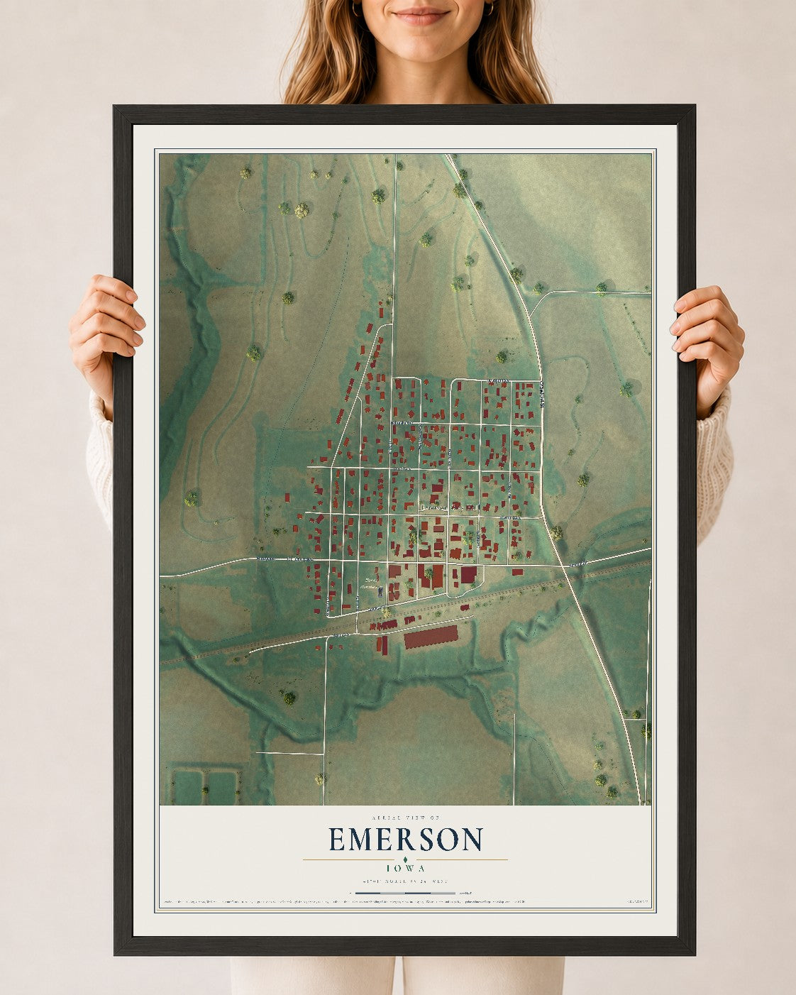 Map of Emerson, Iowa, 24 x 36 inch print in a black wood frame