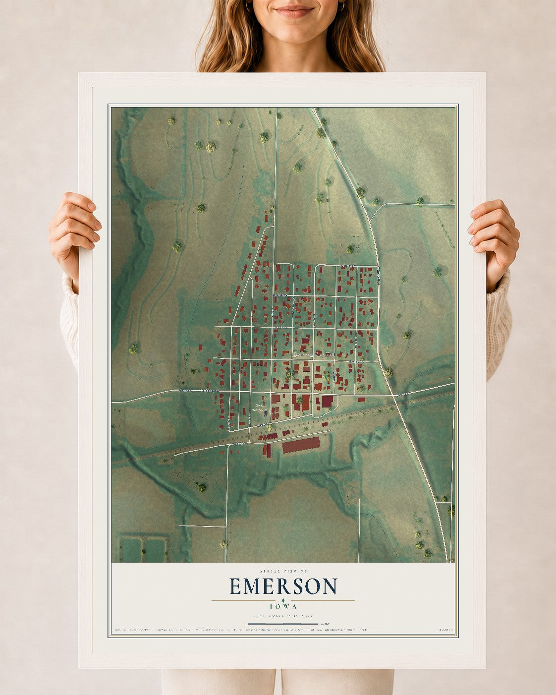 Map of Emerson, Iowa, 24 x 36 inch print in a white wood frame