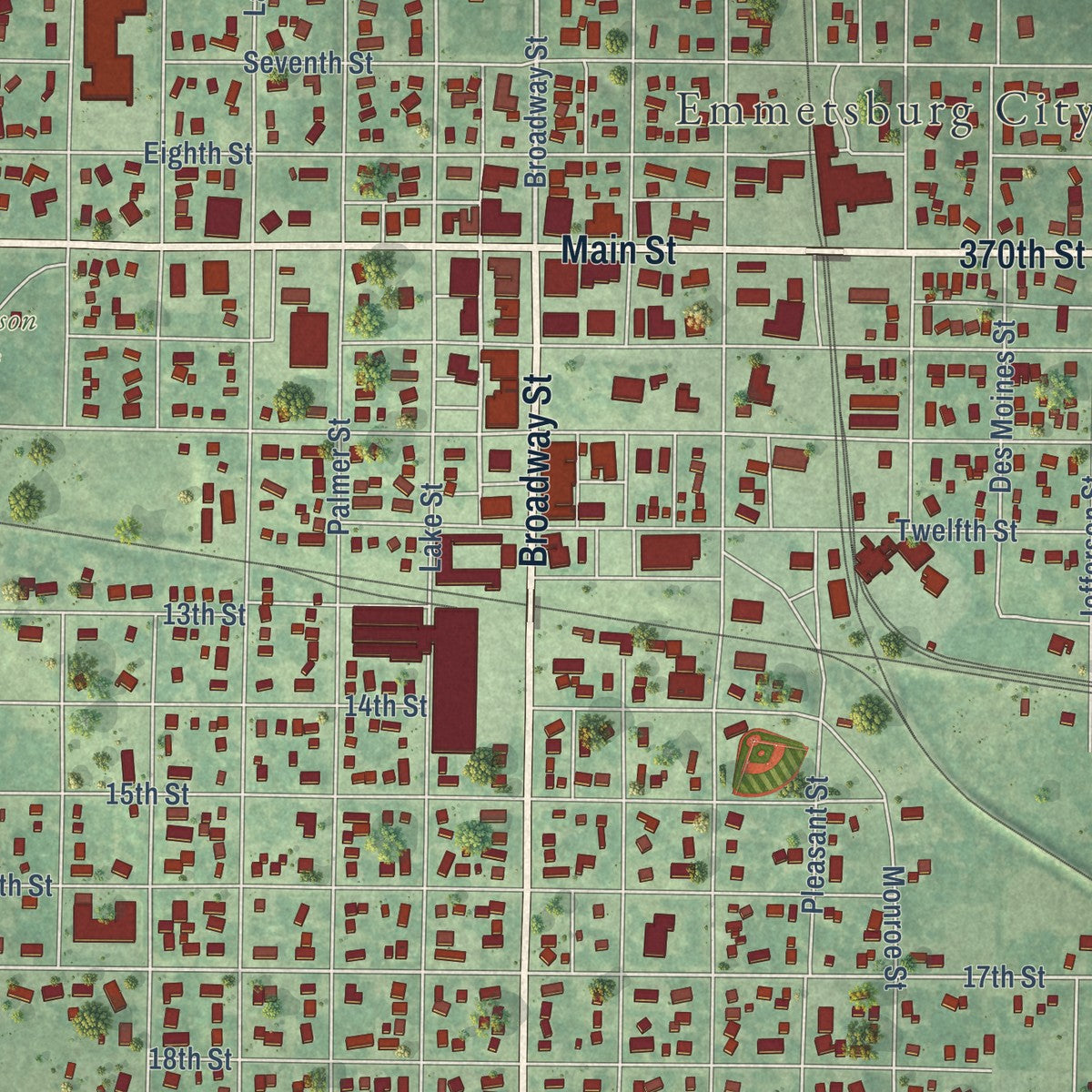 Close-up of the map of Emmetsburg, Iowa print showing street and building detail
