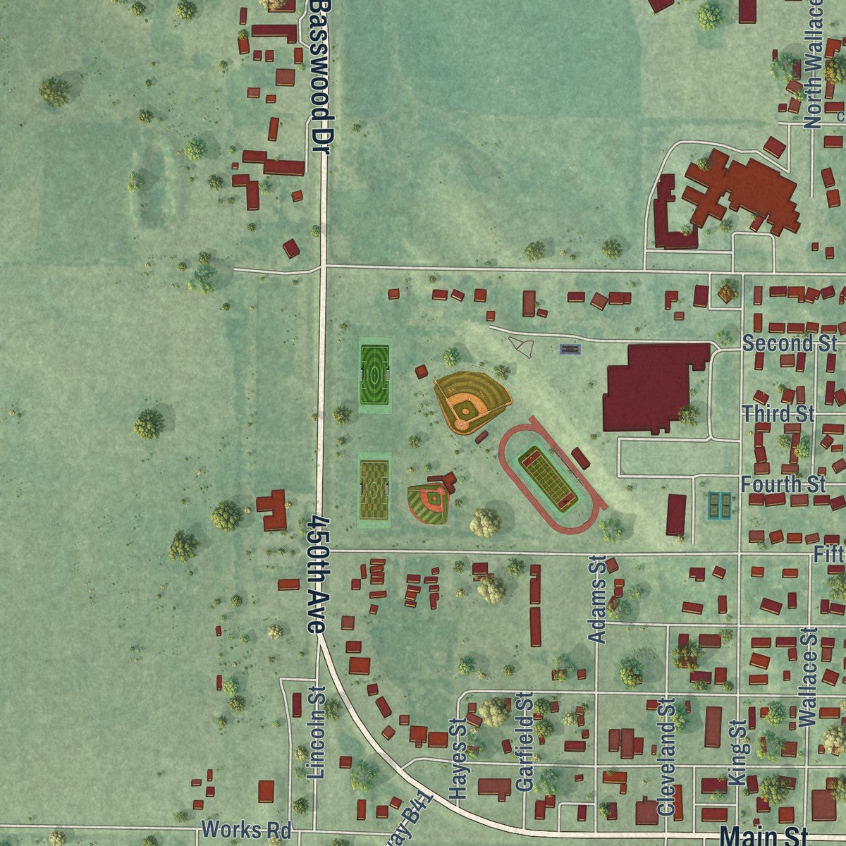 Second close-up of the map of Emmetsburg, Iowa print showing more streets and buildings