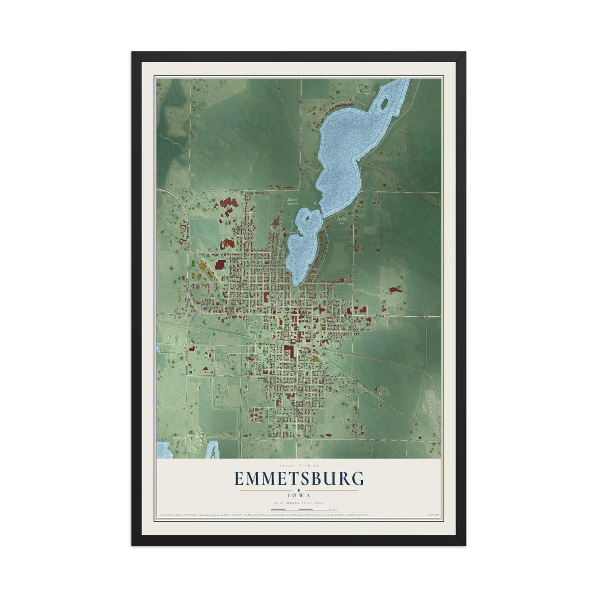 Map of Emmetsburg, Iowa, 12 x 18 inch print in a black wood frame