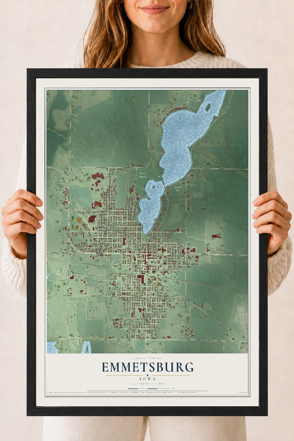 Map of Emmetsburg, Iowa, 18 x 24 inch print in a black wood frame