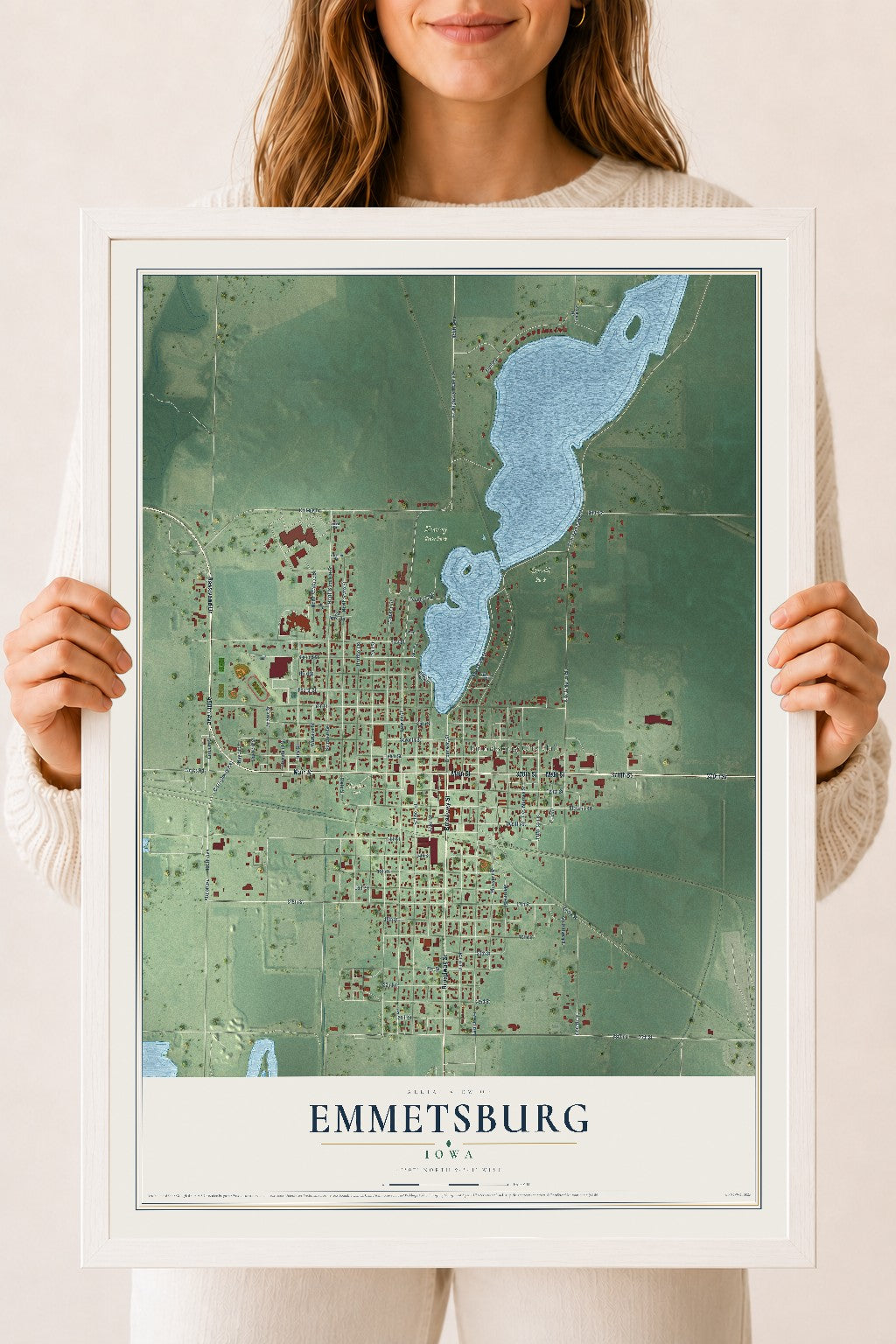 Map of Emmetsburg, Iowa, 18 x 24 inch print in a white wood frame