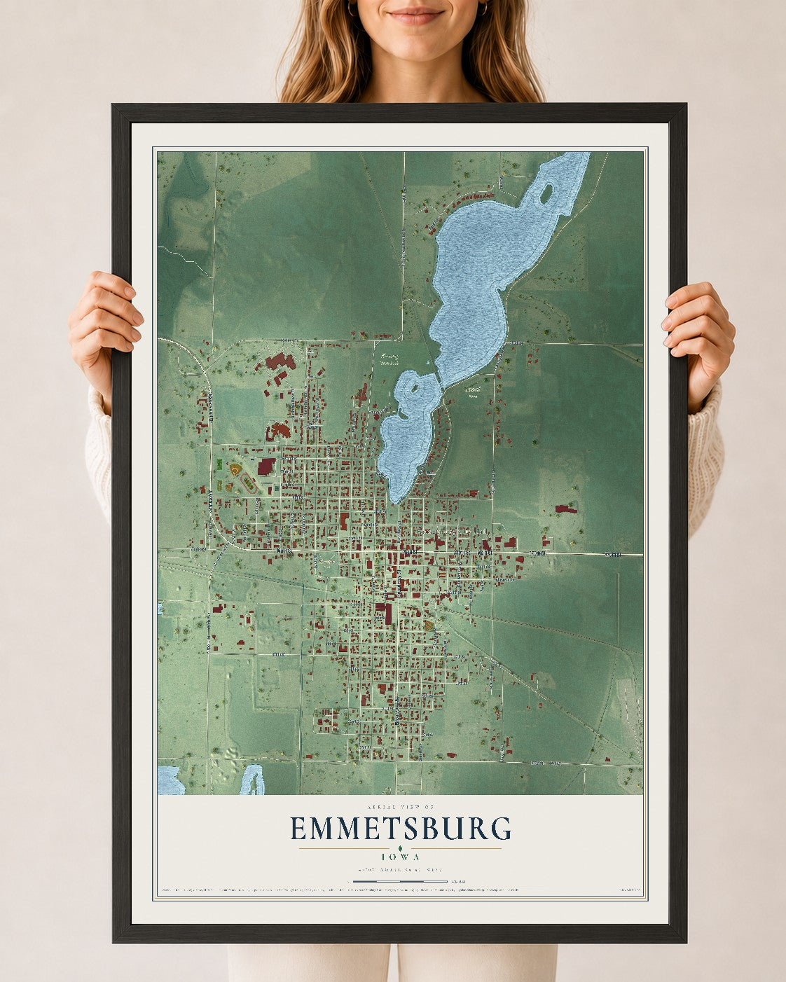 Map of Emmetsburg, Iowa, 24 x 36 inch print in a black wood frame