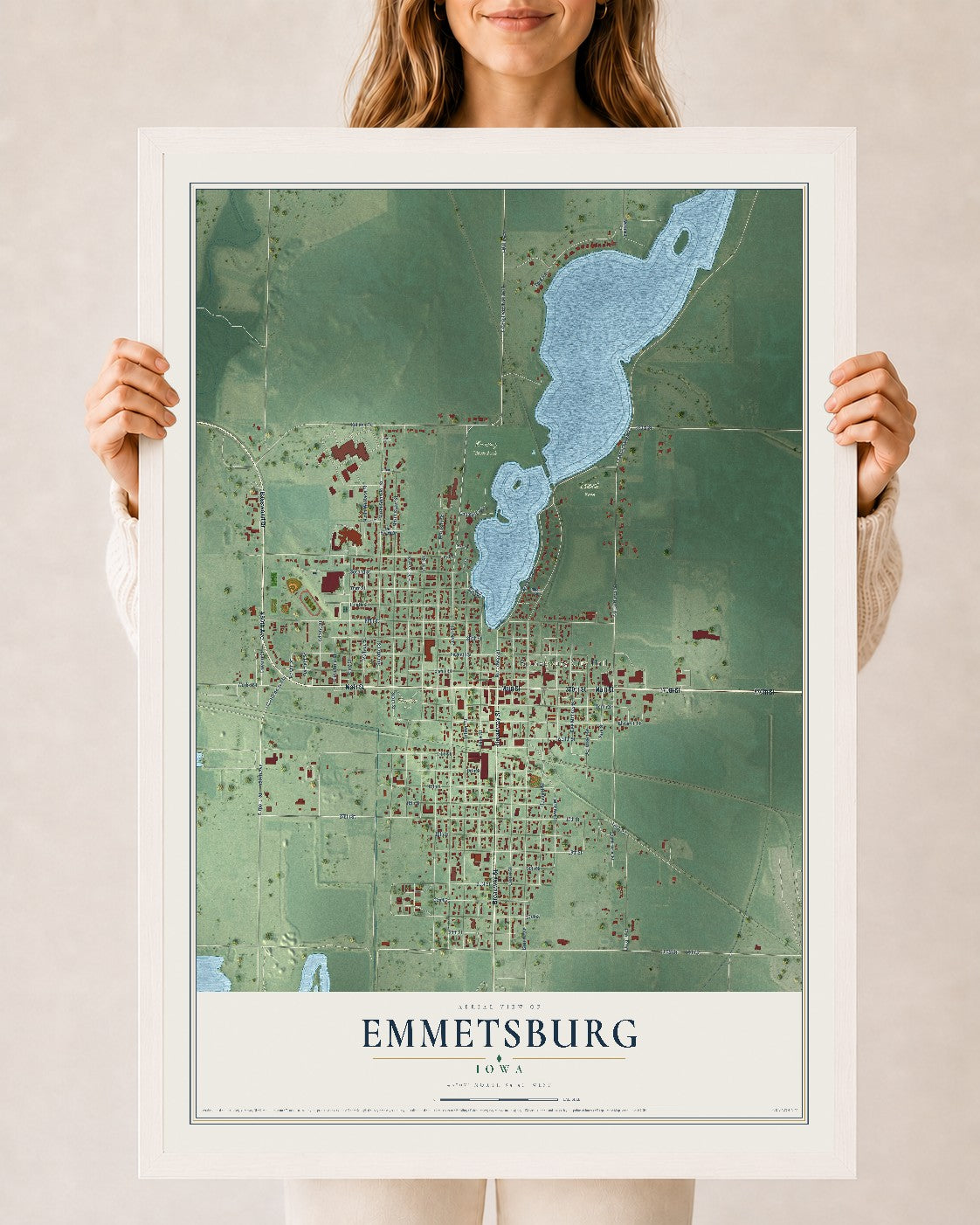 Map of Emmetsburg, Iowa, 24 x 36 inch print in a white wood frame