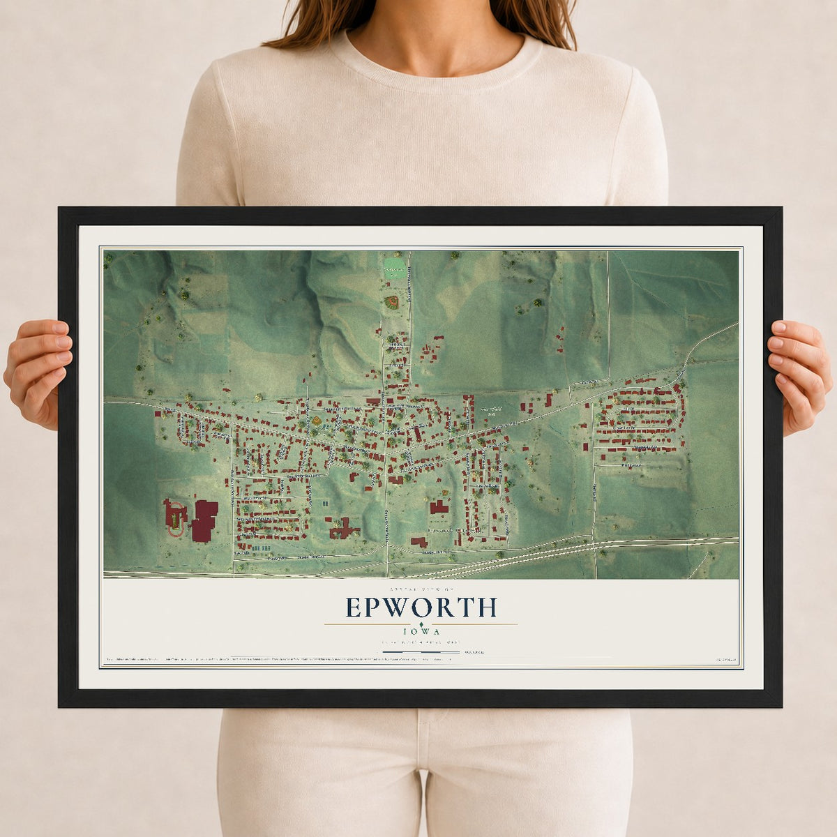 Map of Epworth, Iowa, 12 x 18 inch print in a black wood frame