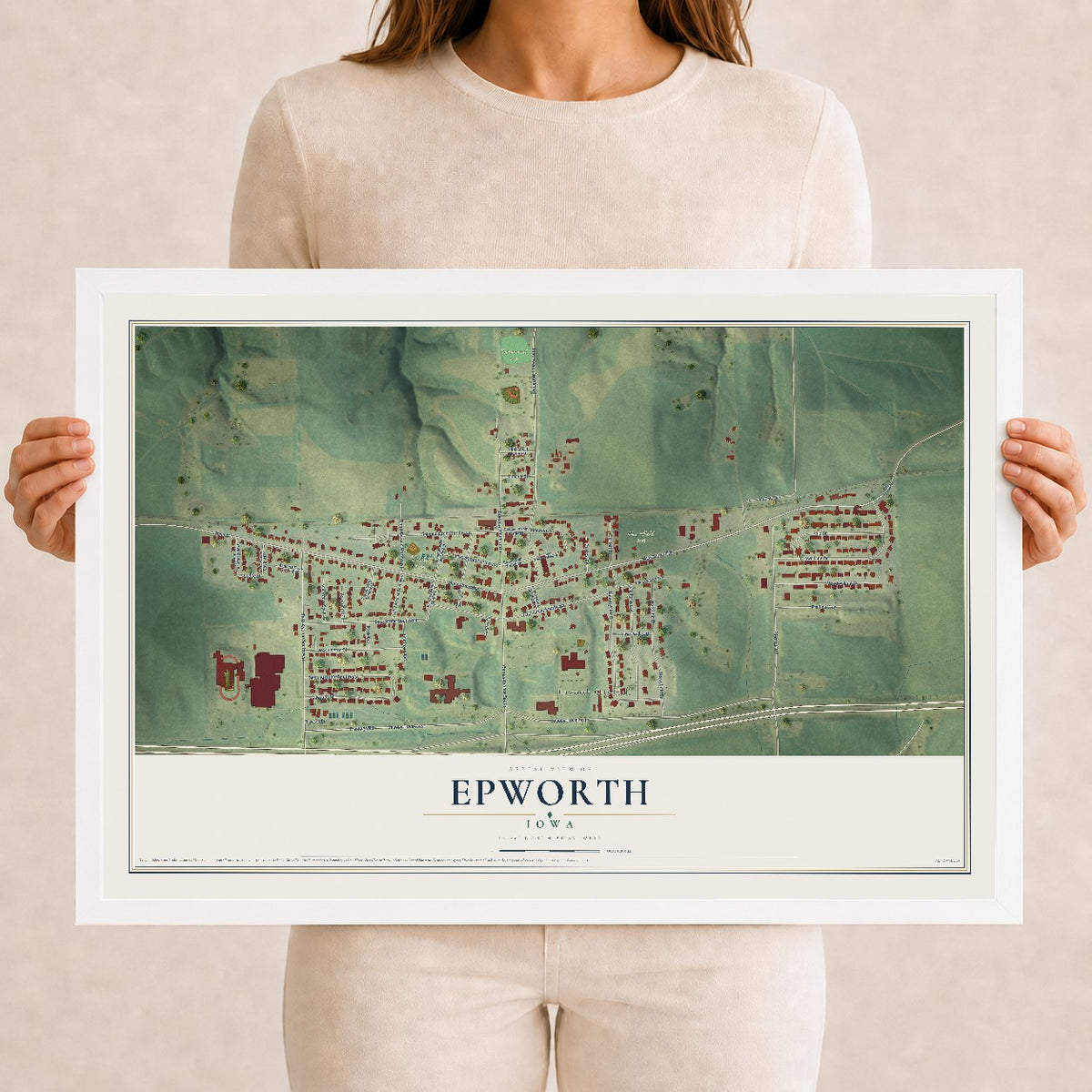 Map of Epworth, Iowa, 12 x 18 inch print in a white wood frame