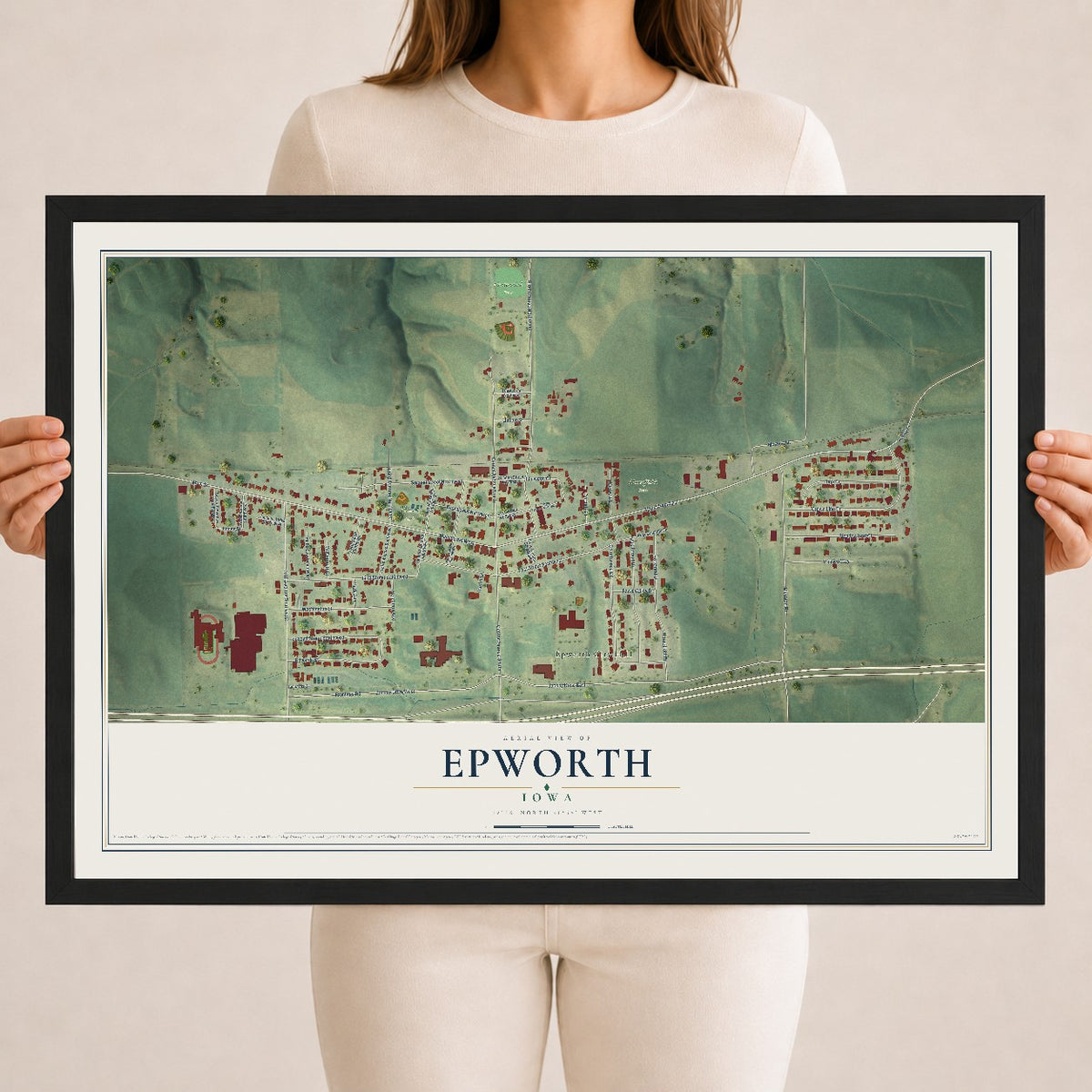 Map of Epworth, Iowa, 18 x 24 inch print in a black wood frame