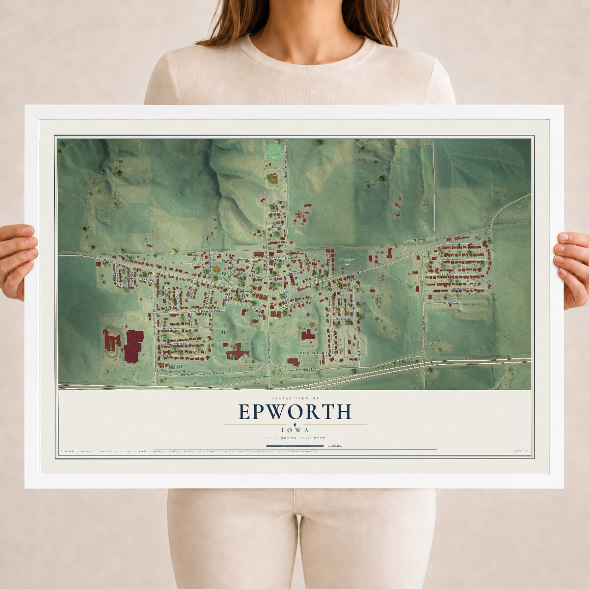 Map of Epworth, Iowa, 18 x 24 inch print in a white wood frame