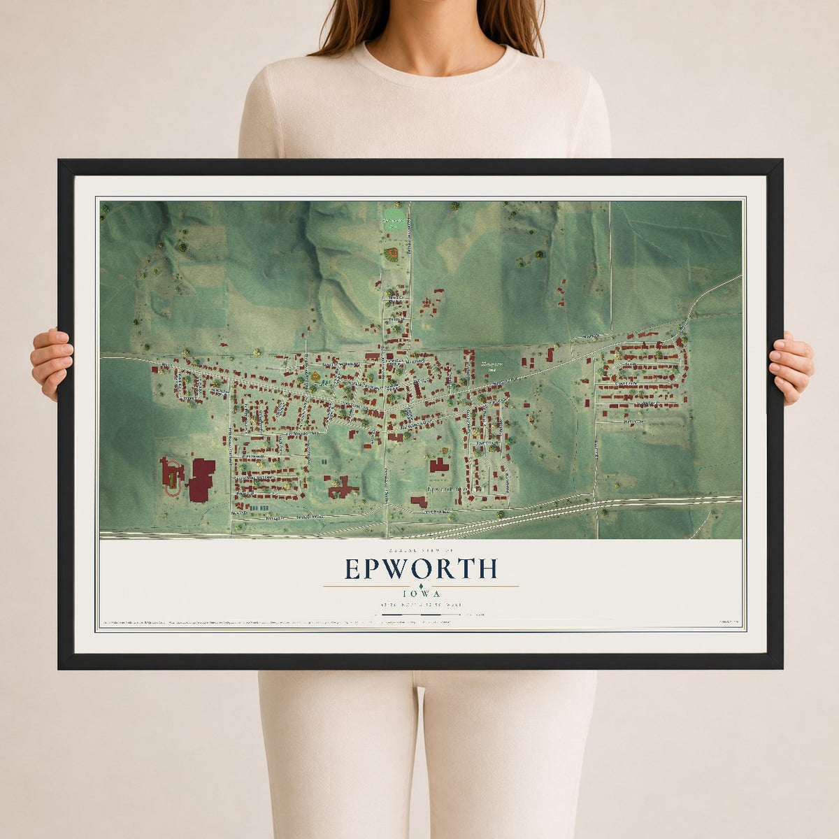 Map of Epworth, Iowa, 24 x 36 inch print in a black wood frame