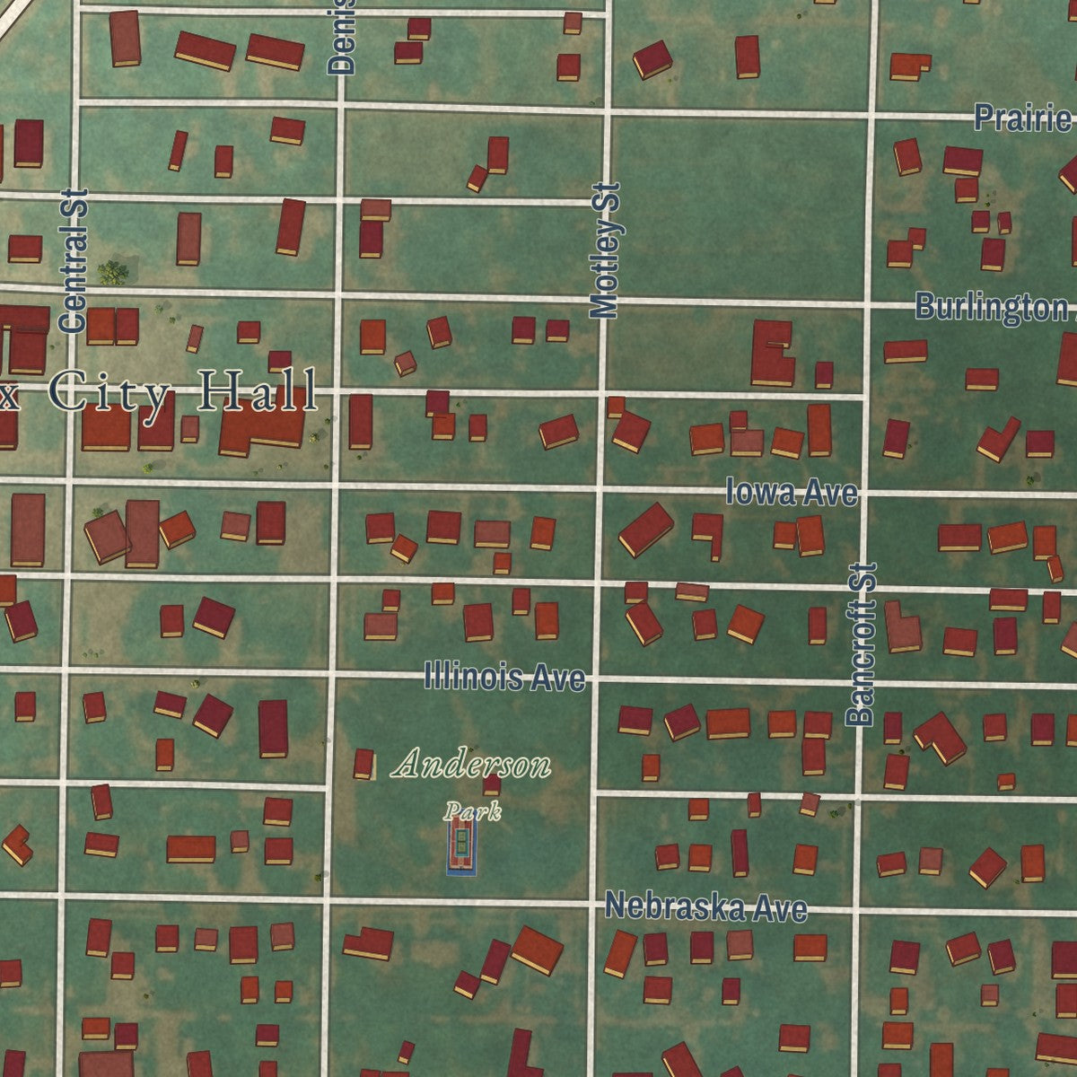 Close-up of the map of Essex, Iowa print showing street and building detail