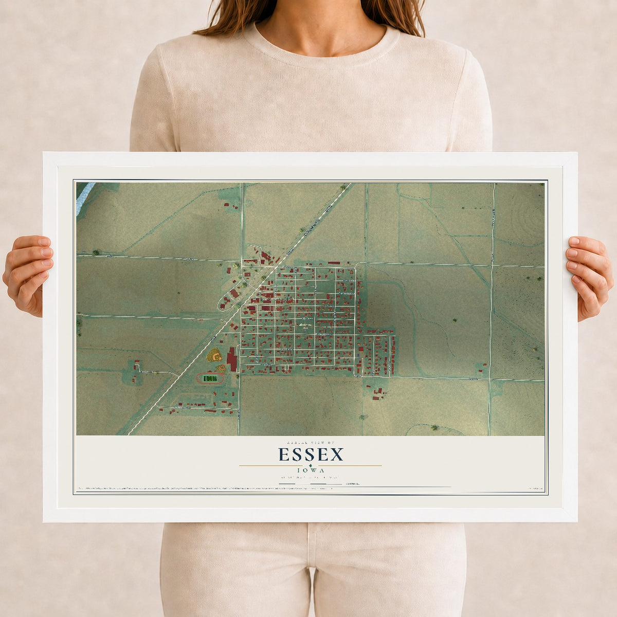 Map of Essex, Iowa, 12 x 18 inch print in a white wood frame